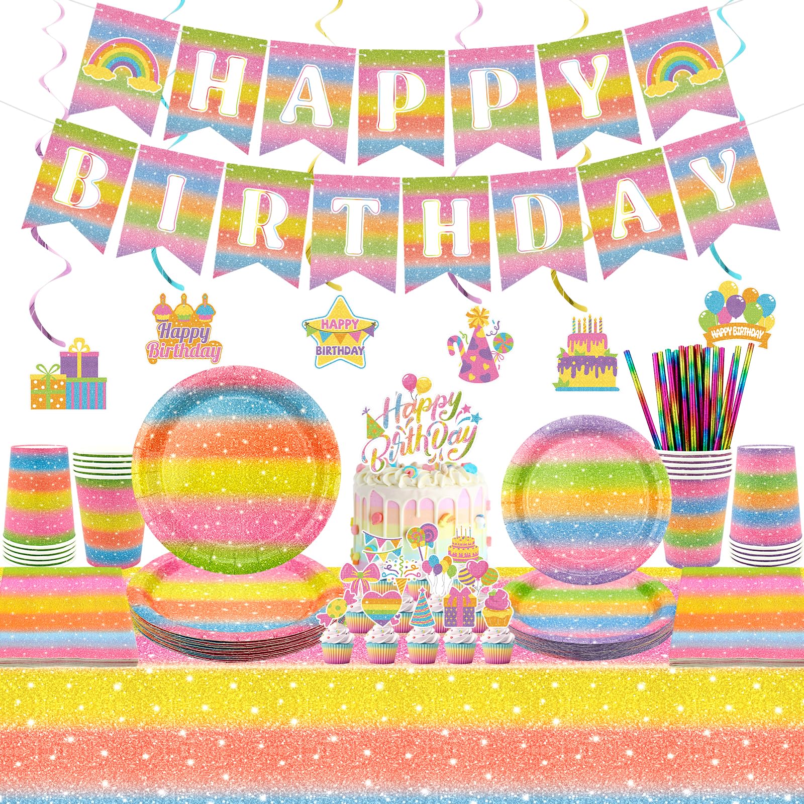Obussgar Rainbow Party Decorations - Rainbow Party Supplies including Banner, Plate, Cake Topper, Cup, Napkin, Tablecloth - Serves 20 (Light colours)