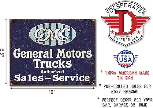 Miniatura 2 de Desperate Enterprises GMC Trucks Authorized Sales ~ Service - Letrero de lata de metal nostálgico vintage - Hecho en Estados Unidos - 16 pulgadas de