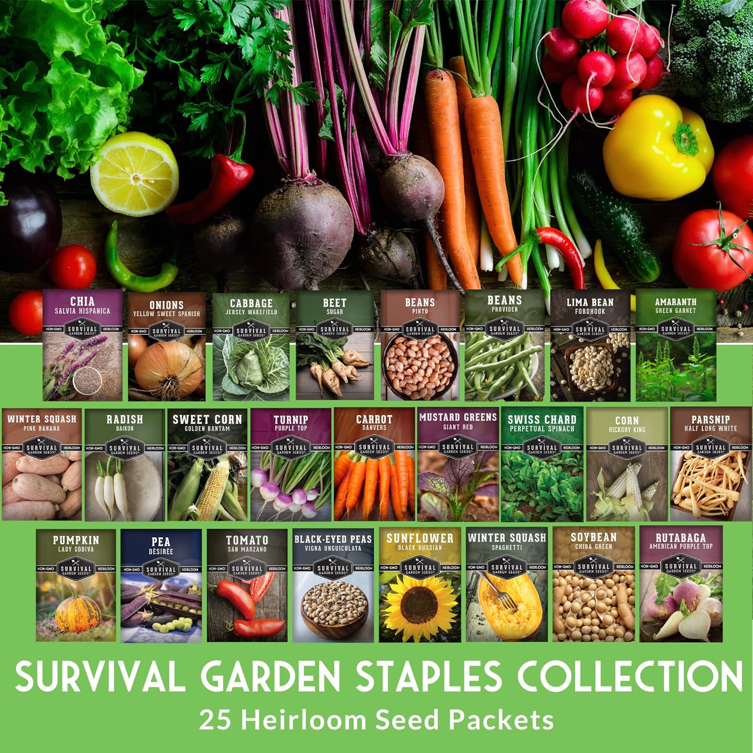 Survival Garden Staples Seed Vault – 25 Heirloom Non-GMO Varieties for Self-Reliance & Emergency Preparedness – Protein, Grain, Storage, & High-Calorie Crops - Survival Garden Seeds
