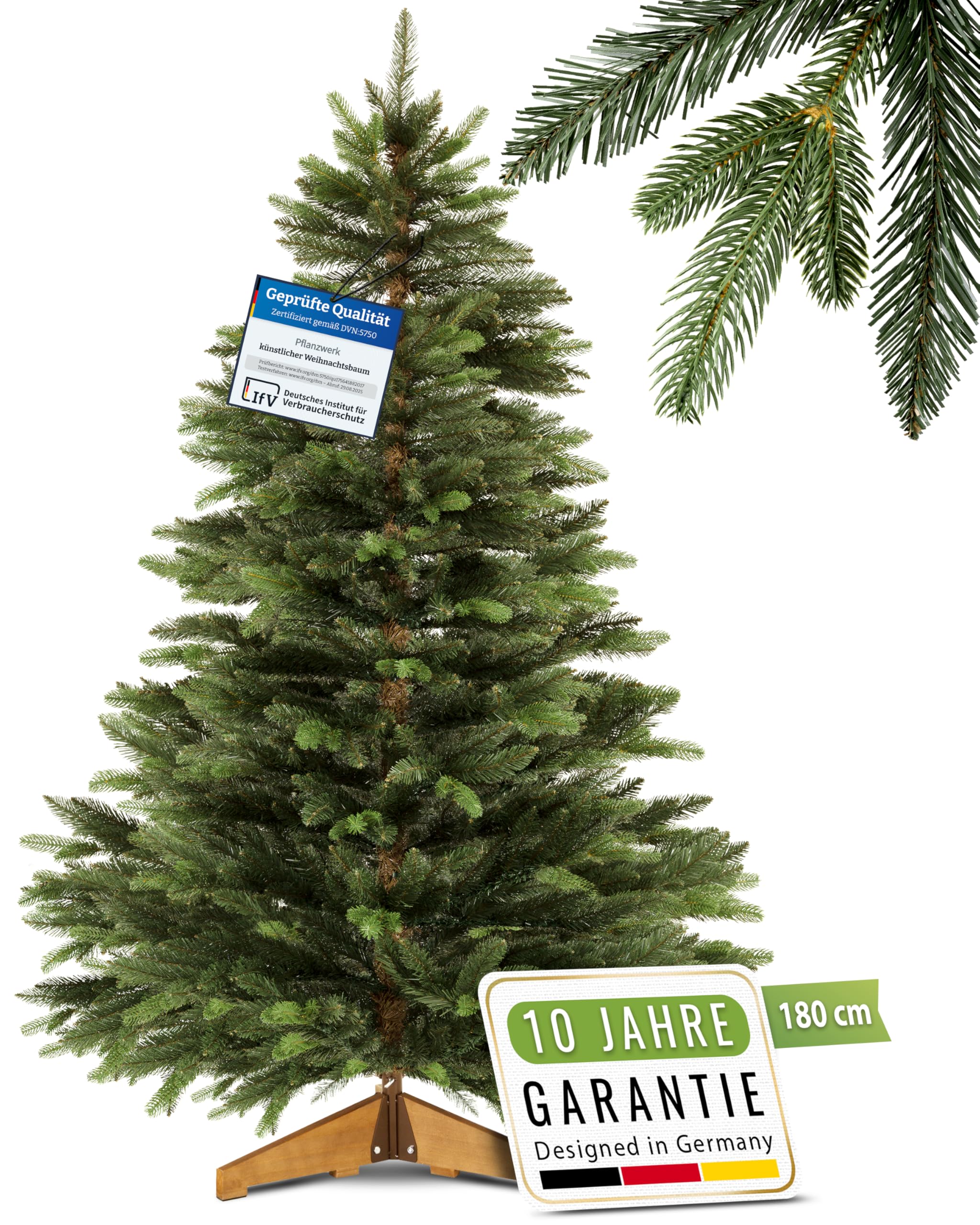 PFLANZWERK® Premium KÜNSTLICHER Weihnachtsbaum NORDMANNTANNE mit Christbaum Holzständer 180cm - TESTSIEGER - NACHHALTIG - GARANTIE - Tannenbaum mit naturgetreuen Nadeln und Zweigen ohne Beleuchtung