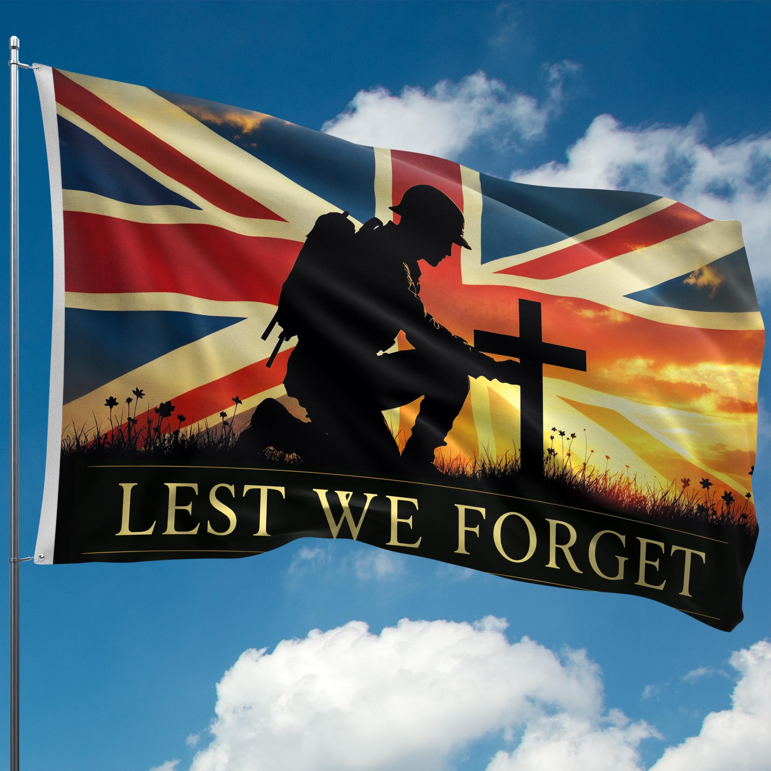 Lest We Forget Flag – Remembrance Flag - Red Poppy Flag for WW2 Armistice D-Day, VE Day- Double Seam - 2 brass eyelets, large 5ft x 3ft