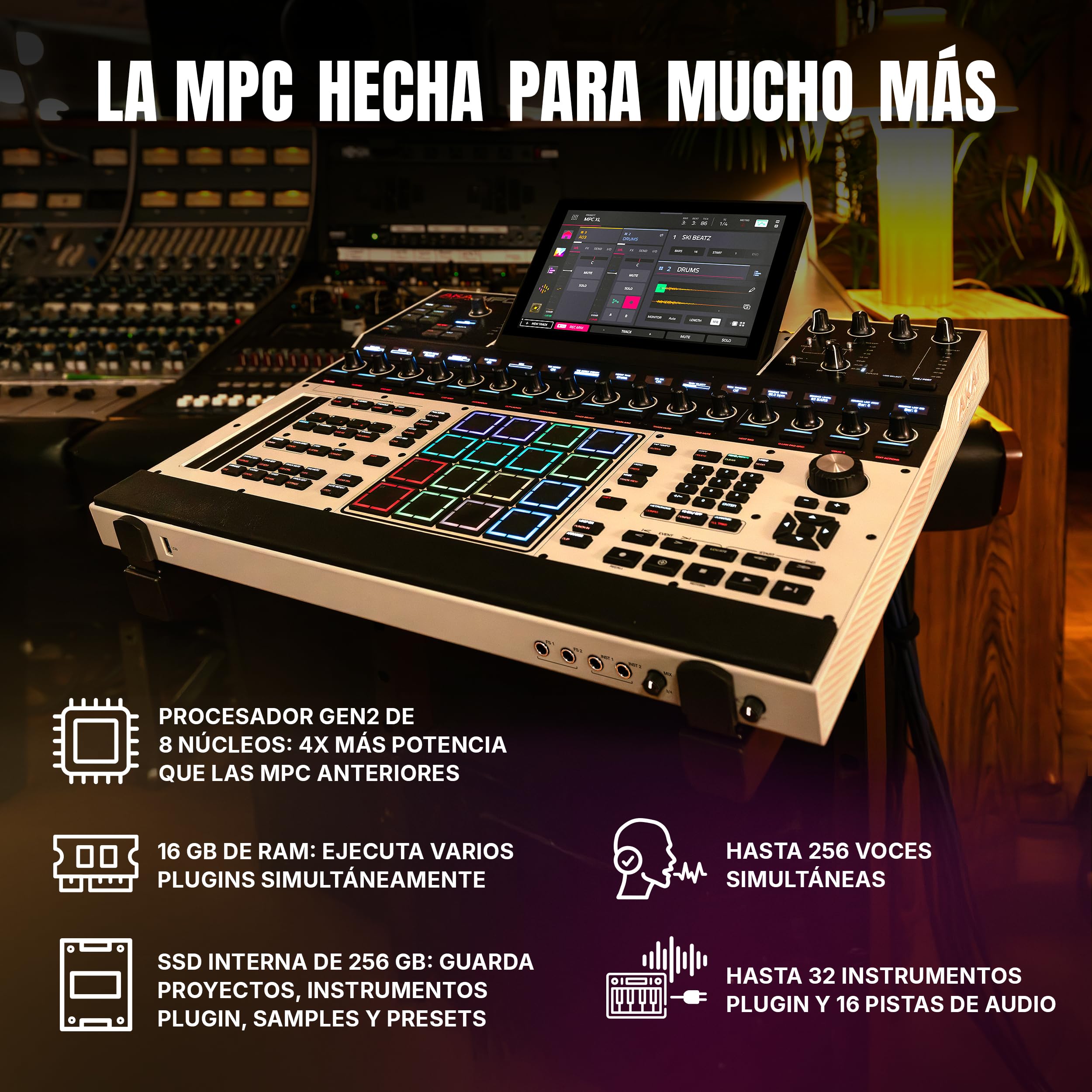 Akai Professional MPC XL Centro de Producción Musical Autónomo | Pads MPCe, Pantalla Táctil, CPU de 8 Núcleos, 16GB RAM, SSD de 256GB, para Sampling y Producción