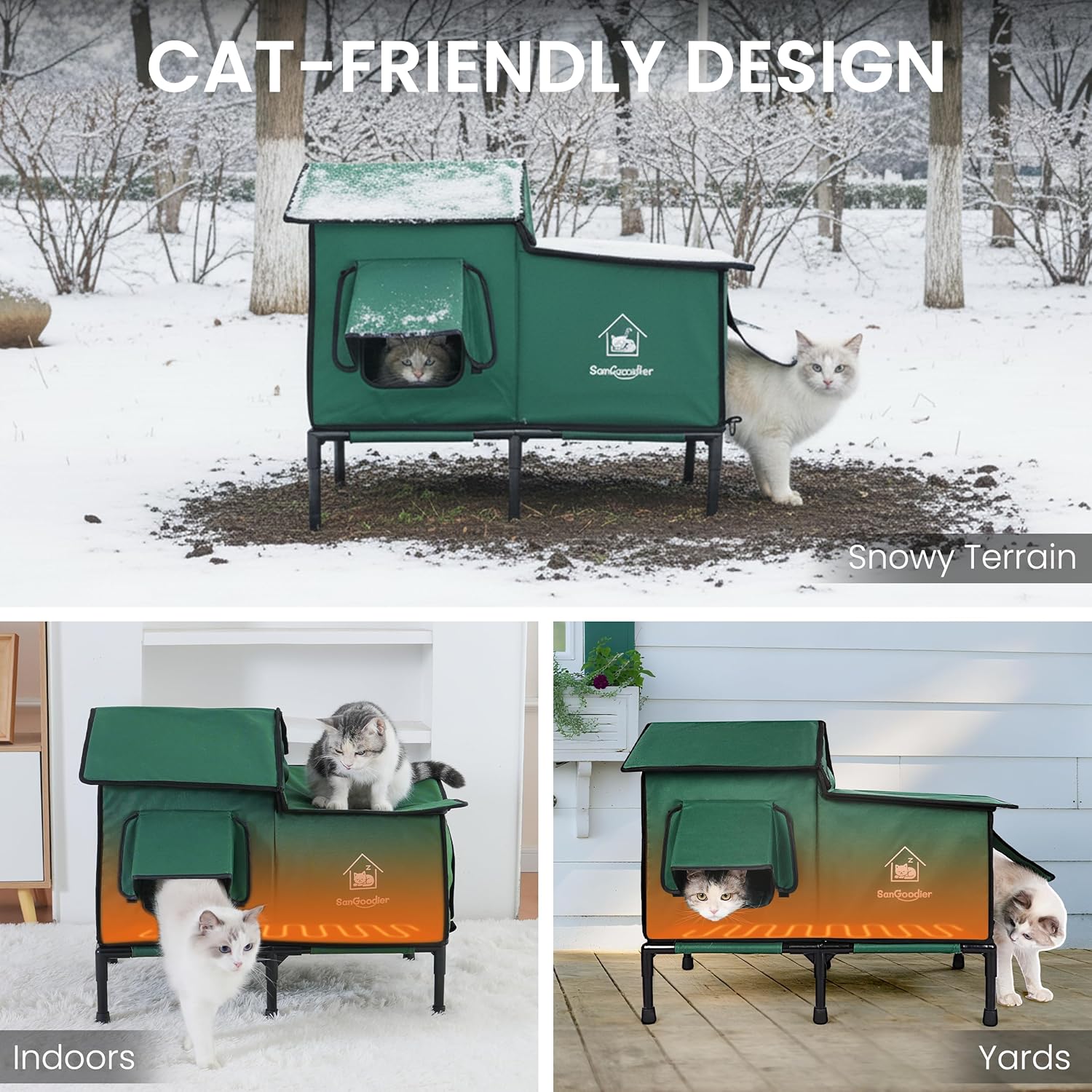 Heated Cat House for Outside, Heated Cat Bed with Cat Heating Pad, Large Outdoor Cat House Weatherproof for 2-3 Pets Up to 55lbs for Garden, Patio, or Backyard (Green-L)