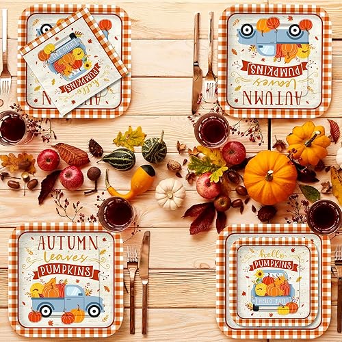 Miniatura 6 de Kit de suministros para fiestas temáticas de otoño, sirve para 25: juego completo de vajilla desechable de cosecha de otoño, incluye cena y platos,