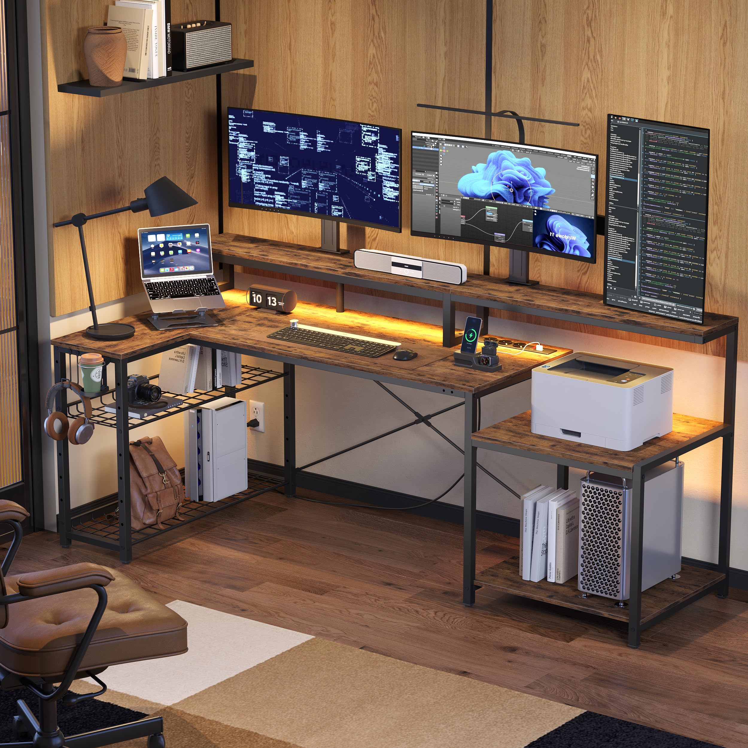 Bestier Gaming Tisch, 181x80 cm Schreibtisch mit LED-Leuchten, L-förmiger Schreibtische mit 3 AC-Steckdosen und 2 USB Ladeanschluss, Computertisch mit großzügiger Monitorablage, Kohlefaser