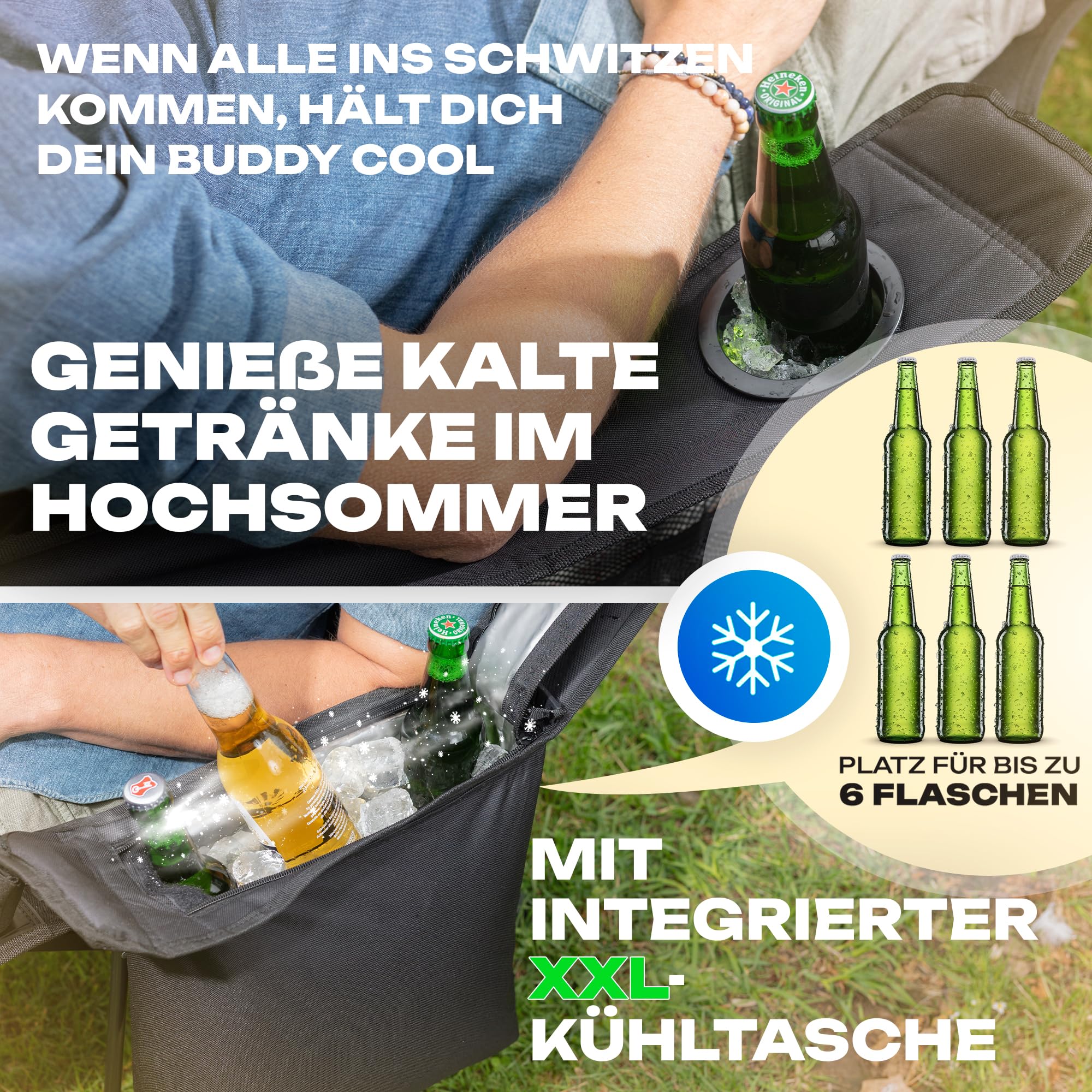 Campingstuhl faltbar & Liegestuhl klappbar 2in1 180Kg schwarz [XXL Kühltasche] Faltstuhl I Klappstuhl I Angelstuhl Campingliege Strandliege klappbar leicht - Angler Strand Festival Outdoor