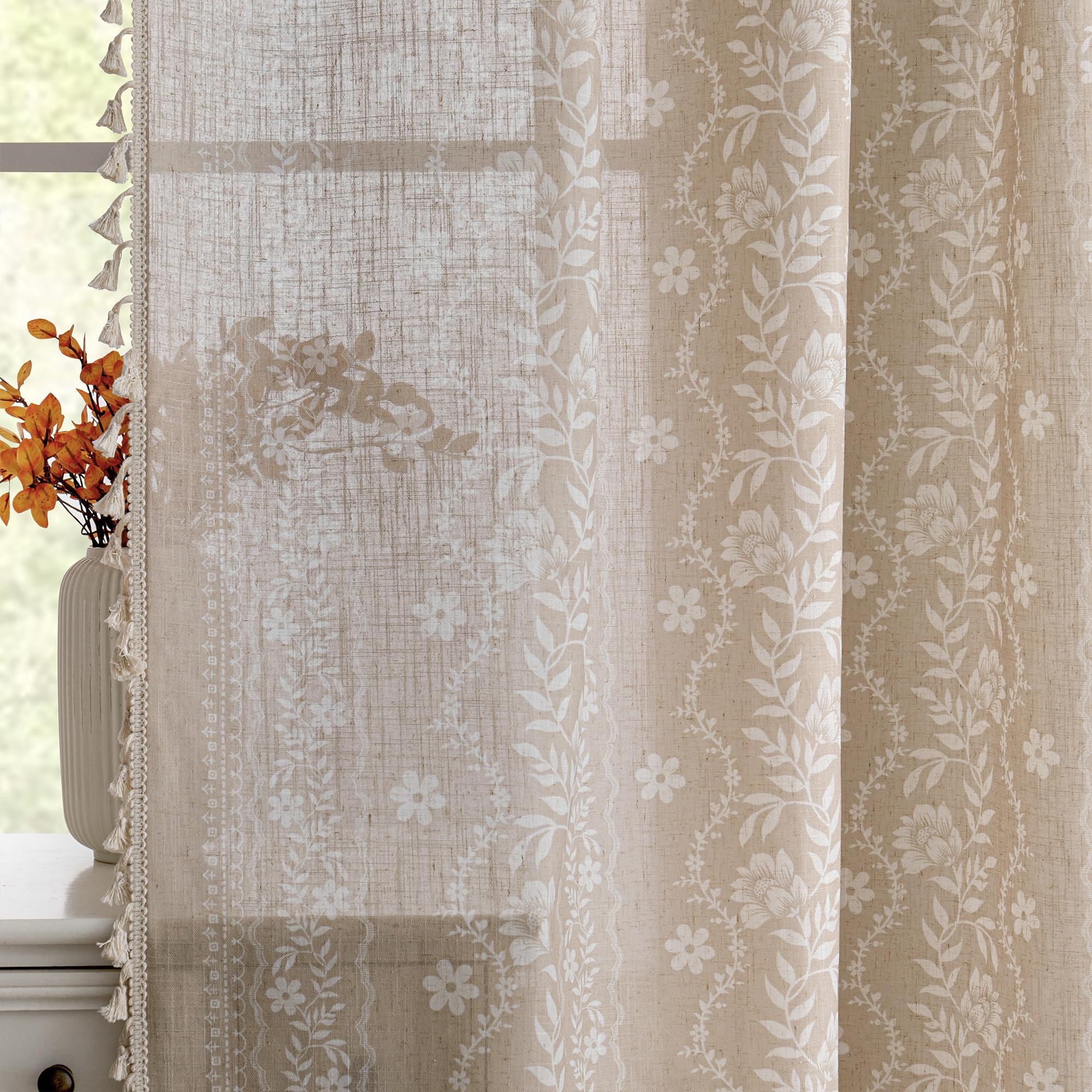 MYSKY HOME Short Boho Floral Curtains 54 Inch Length Linen Blend 2 Panels