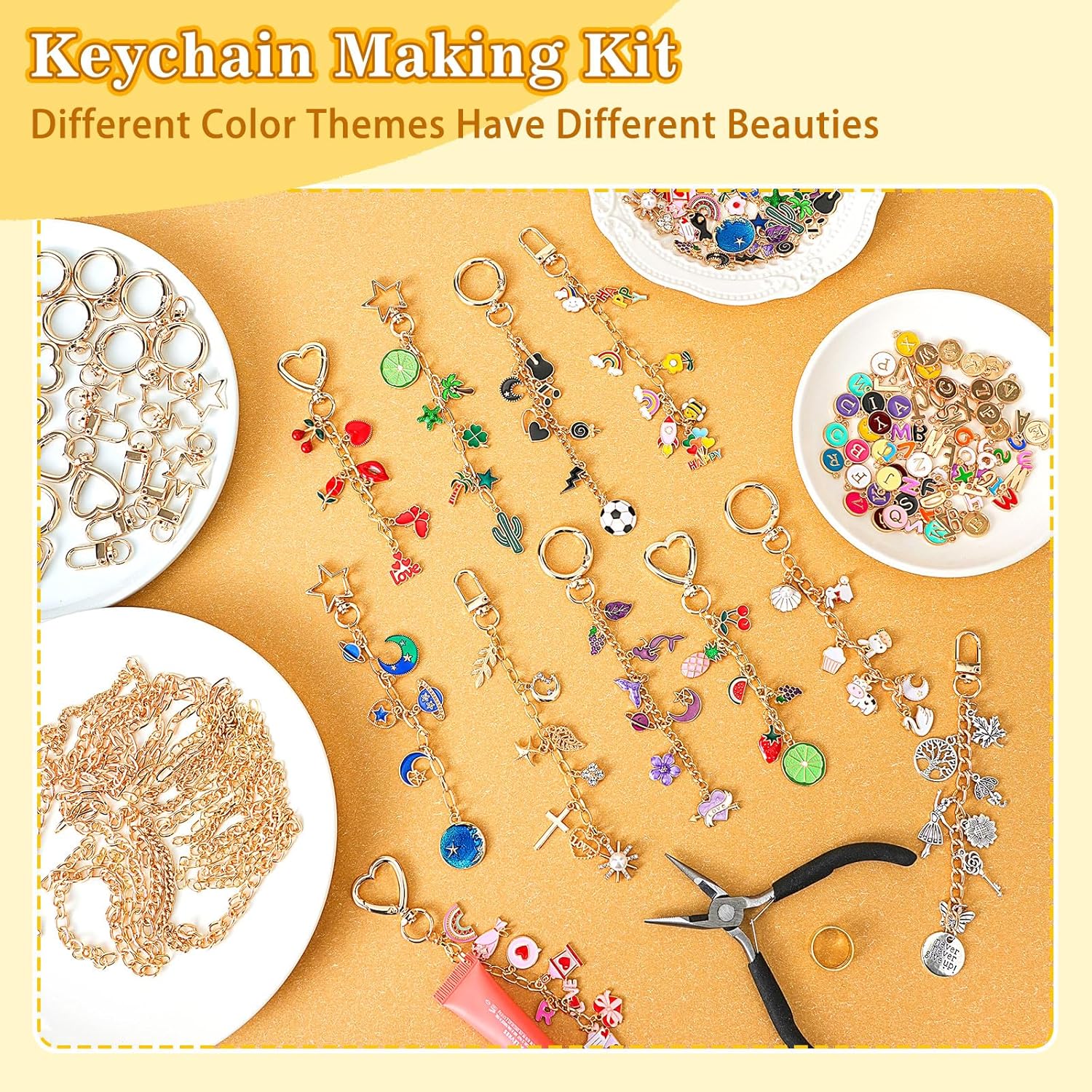 Riwiuue 760Pcs Lip Gloss Keychain Making Kit - DIY Key Chain Supplies Includes Charms, Pendants, Jump Rings, Lobster Clasps, Pliers, Tools & Gift Card, for Bag Charms Kit, Easter Basket Stuffers Gift