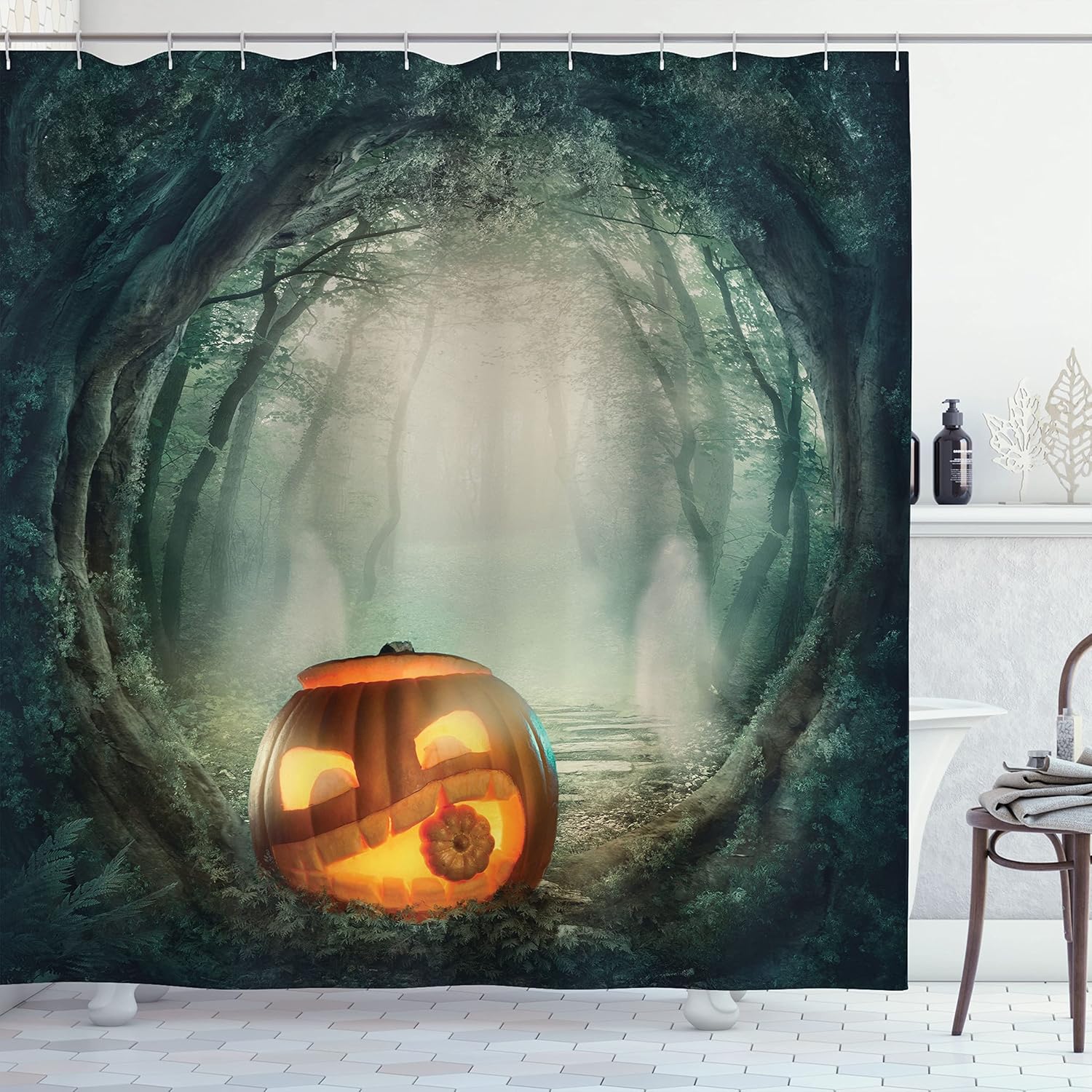 Ambesonne Halloween Shower Curtain, Drawing of Scary Halloween Pumpkin Enchanted Forest Mystic Twilight Party Art, Cloth Fabric Bathroom Decor Set with Hooks, 69" W x 70" L, Orange Teal