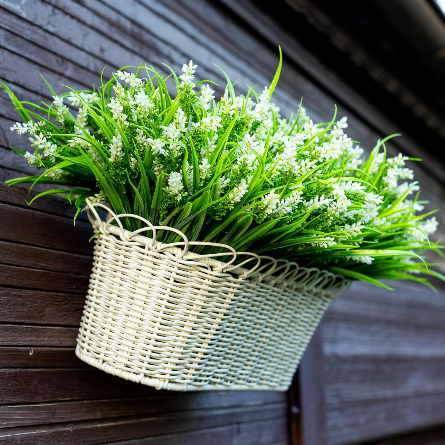 AXYLEX Artificial Flowers for Outdoors Plants - 20 Bundles Fake Lavender Plastic Faux Monkey Grass UV Resistant for Home Decorations (20, White)