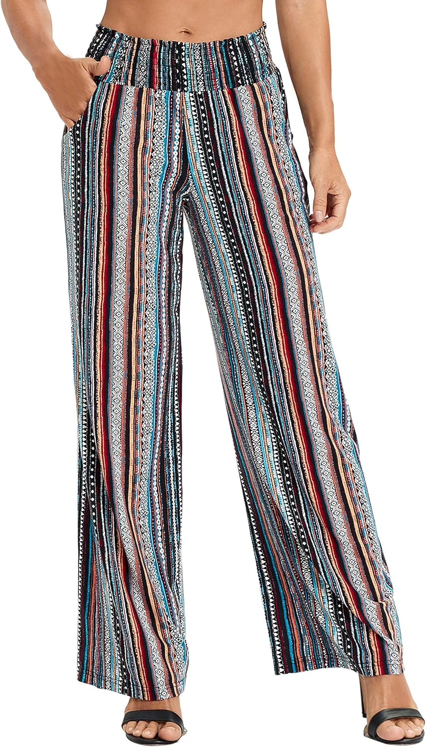 Urban CoCo Women’s Boho Palazzo Pants Wide Leg Beach Pants High Waisted Lounge Pants with Pockets