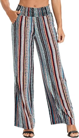 Urban CoCo Womens Boho Palazzo Pants Wide Leg Beach Pants High Waisted Lounge Pants with Pockets