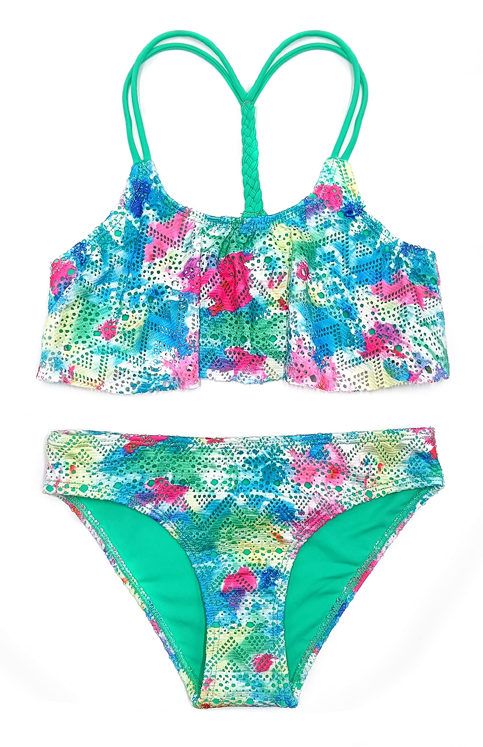 SHEKINI Traje de Baño de Dos Piezas para Niñas Elegante Cutout Volantes Cuerda Trenzada Top de Bikini Set con Triángulo Bikini Bottom de Playa para 6-14 años