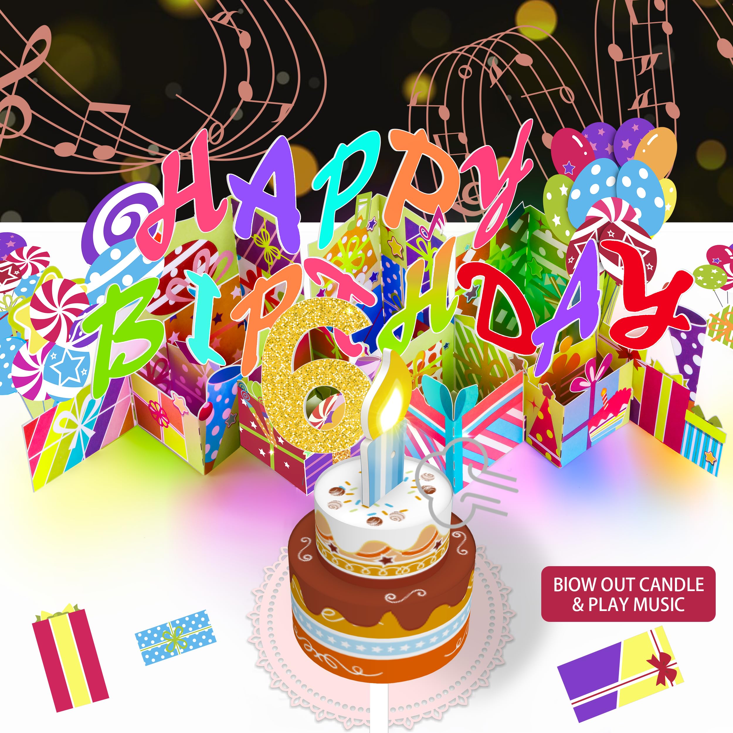 Gumry 6th Pop-Up Musical Birthday Card with Blowable LED Candle for Kids