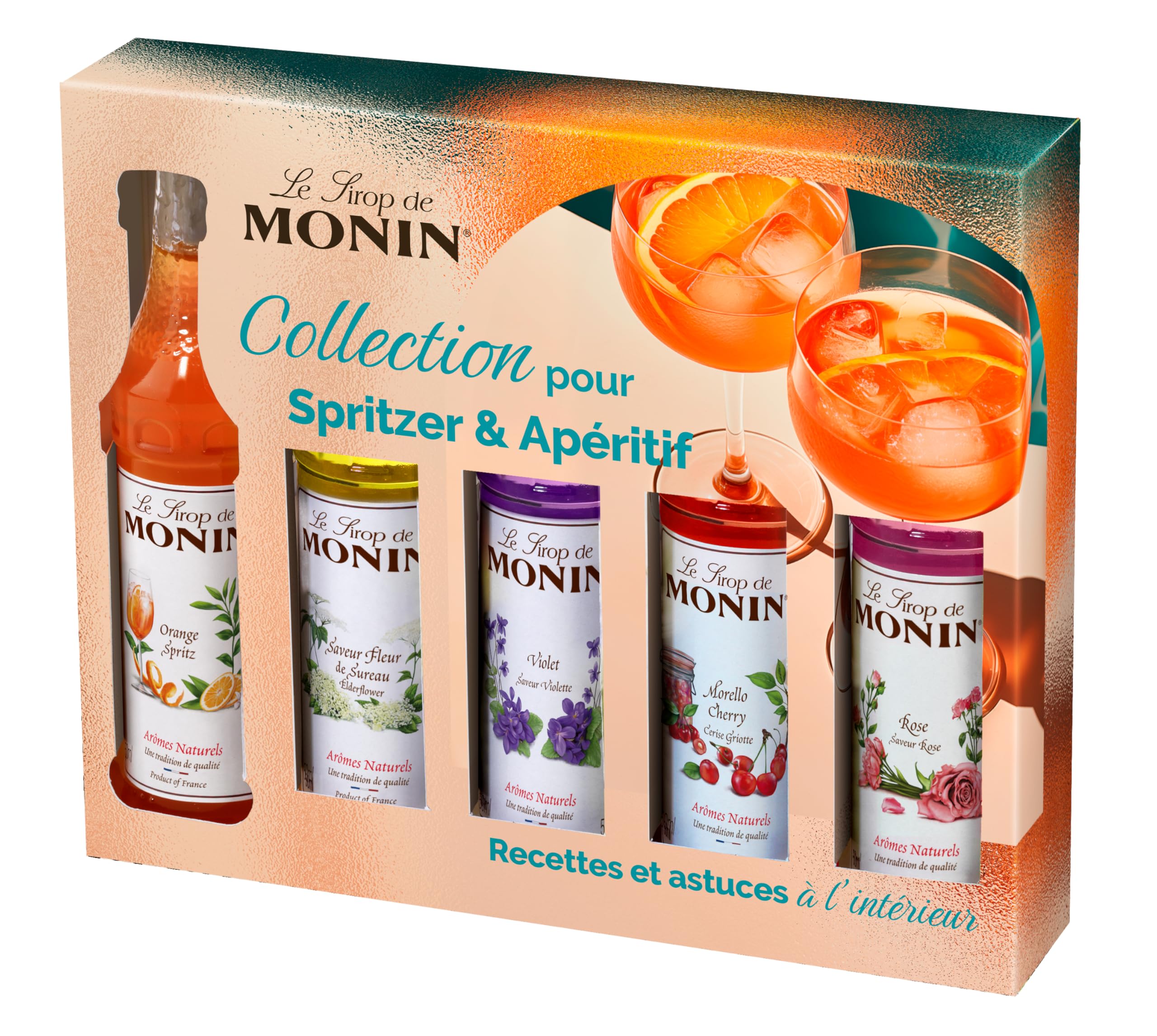 MONIN – Coffret de Sirops pour Spritzer et Apéritif - Orange pour Spritz, Fleur de Sureau, Violette, Cerise Griotte et Rose - 5x5cl