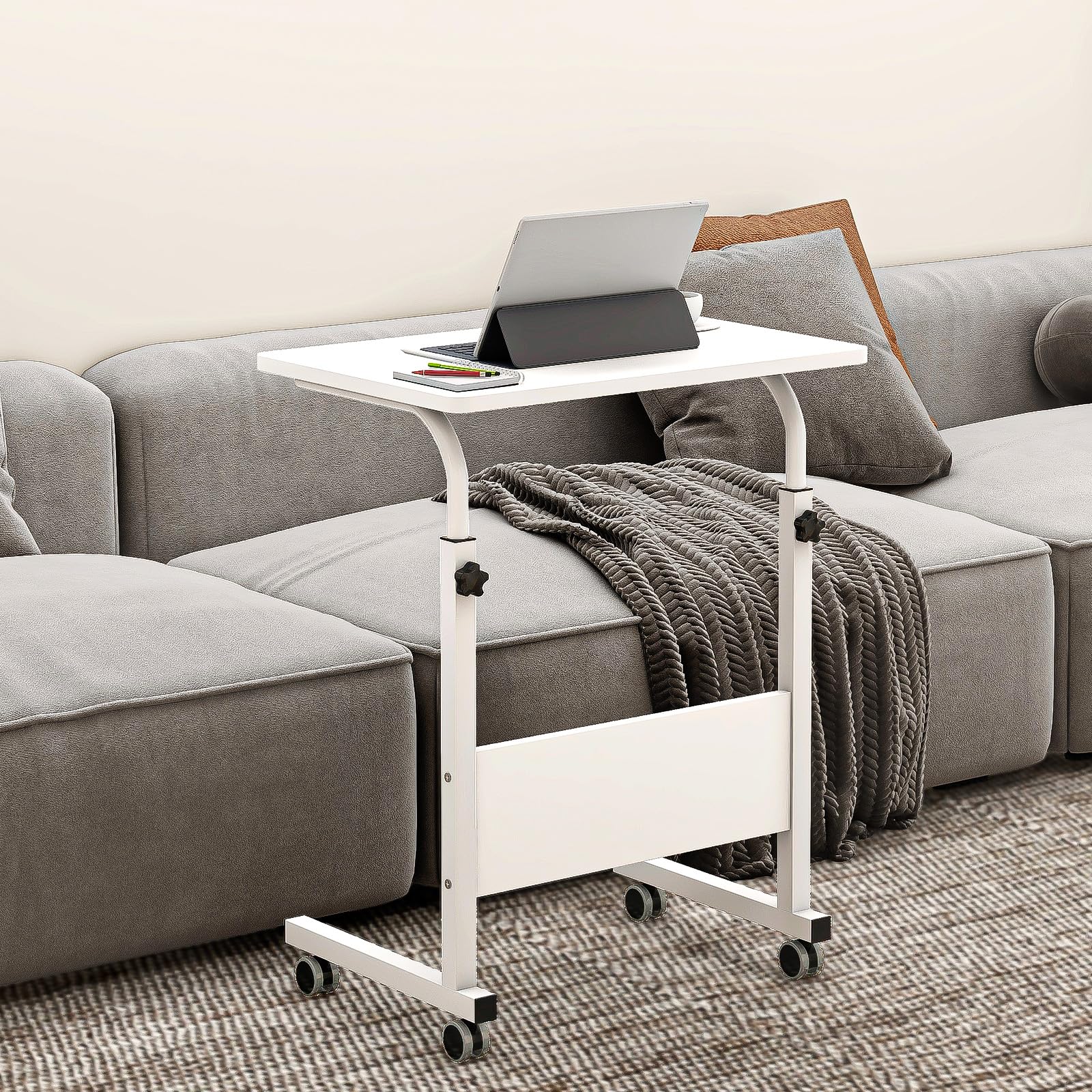 sogesfurniture 31.4 inches Adjustable Mobile Bed Table, Portable Laptop Computer Stand Desks with Wheels, Laptop Table Adjustable Height Standing Computer Desk Portable Stand, White