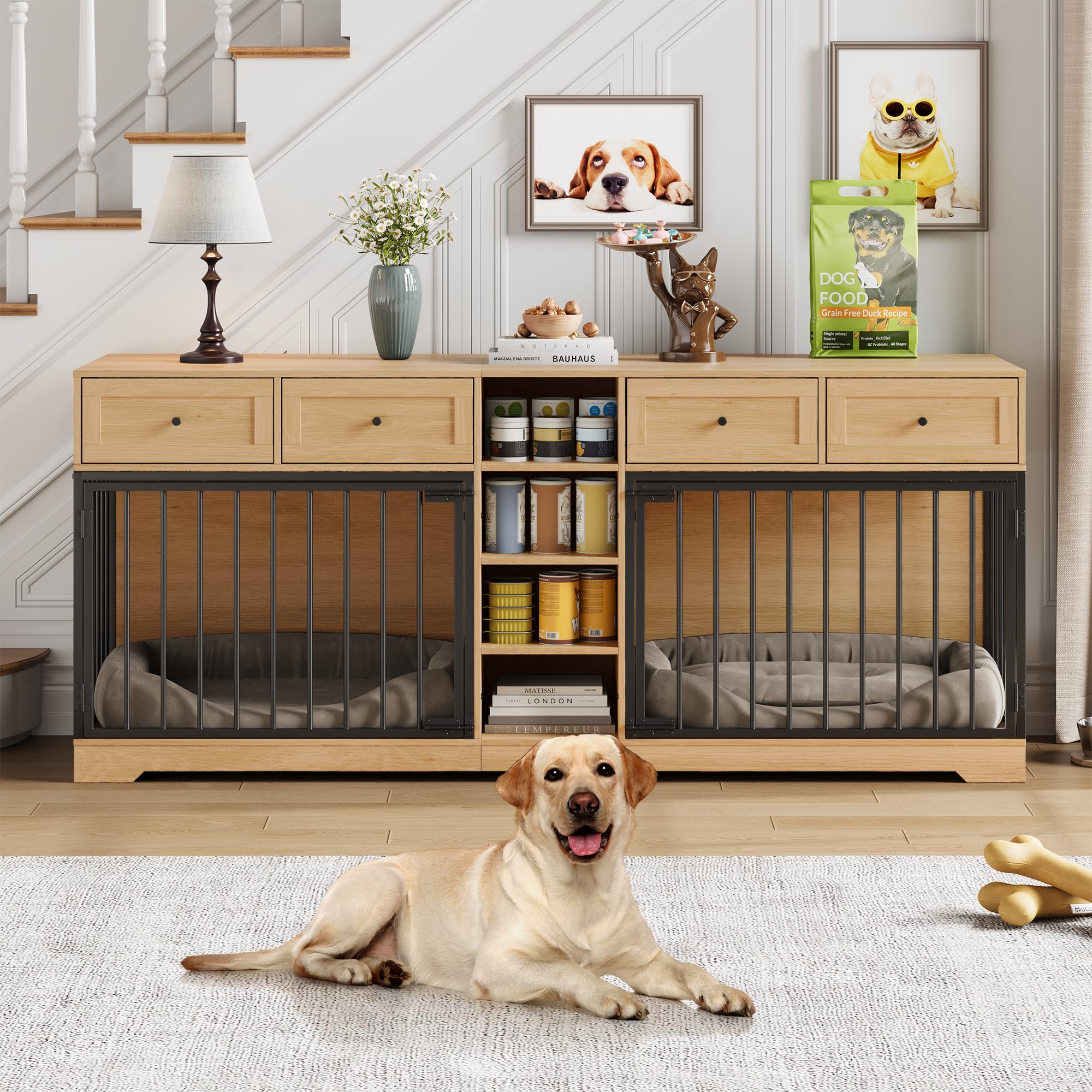 GAOMON Dog Crate Furniture for 2 Dogs, 82'' Large Dog Kennel Indoor with 4 Storage Drawers and 4 Shelves, Double Dog Crate TV Stand for Medium and