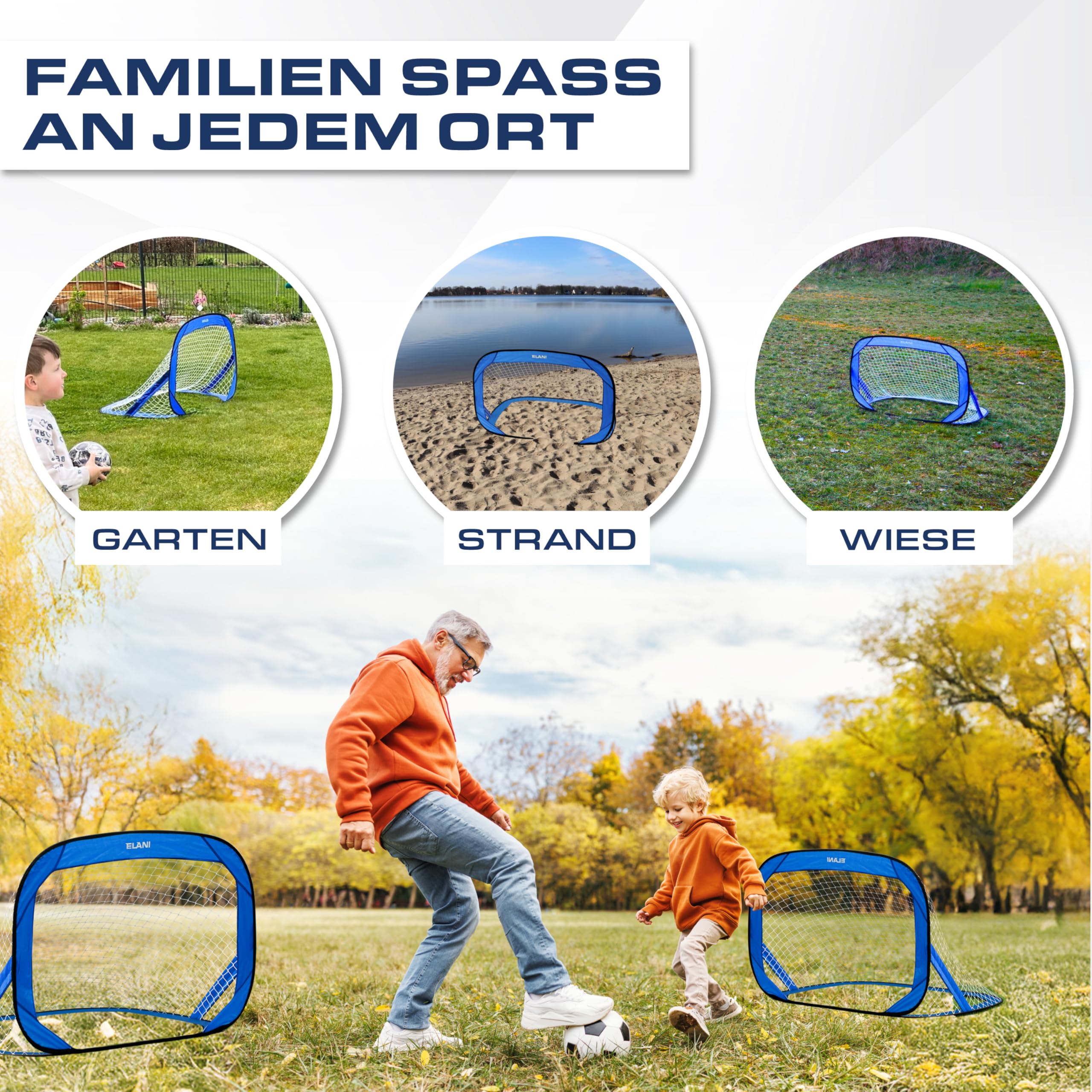 ELANI Fußballtor Kinder Pop-Up 2er Set - faltbar mit Ball & Pumpe, 50% Kleiner + Easy Aufbau, mini Fussballtor klein, Goal, Fussballtore für Garten Kinder, Fußballtore, Fussball Tor