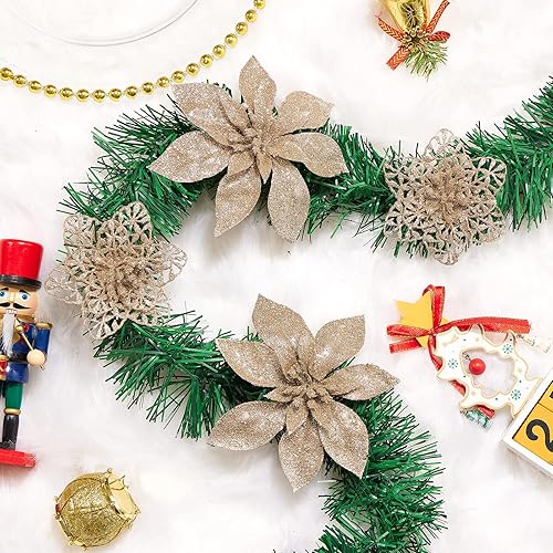 Miniatura 5 de 24 decoraciones de flores artificiales de Pascua de Navidad adornos de árbol de Navidad de flor de pascua con brillantina 2 tamaños para corona de