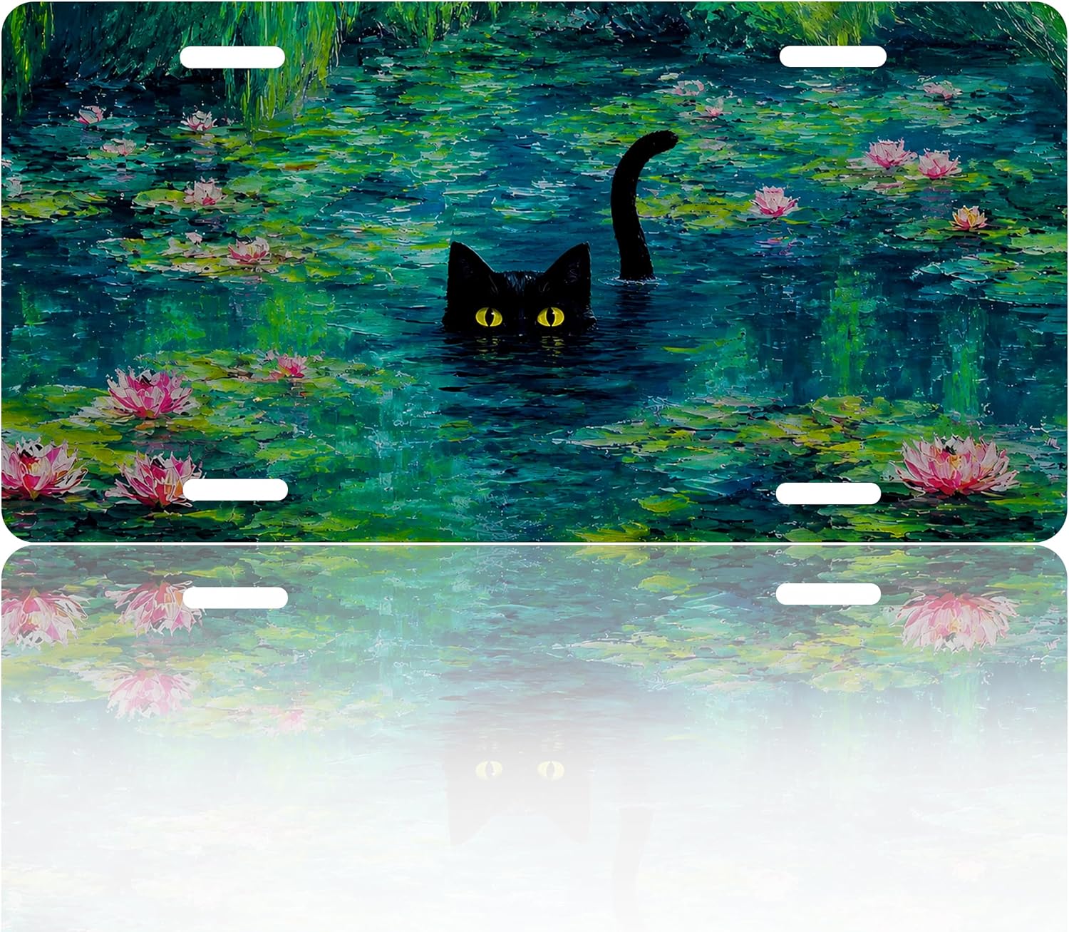 Front License Plate Cover – Cat in Water and Floral Decorative License Plate Aluminum Metal Car Accessory, Rust-Proof Novelty Vanity Tag Car Decor with 4 Holes for Women Men, 6 X 12 Inch