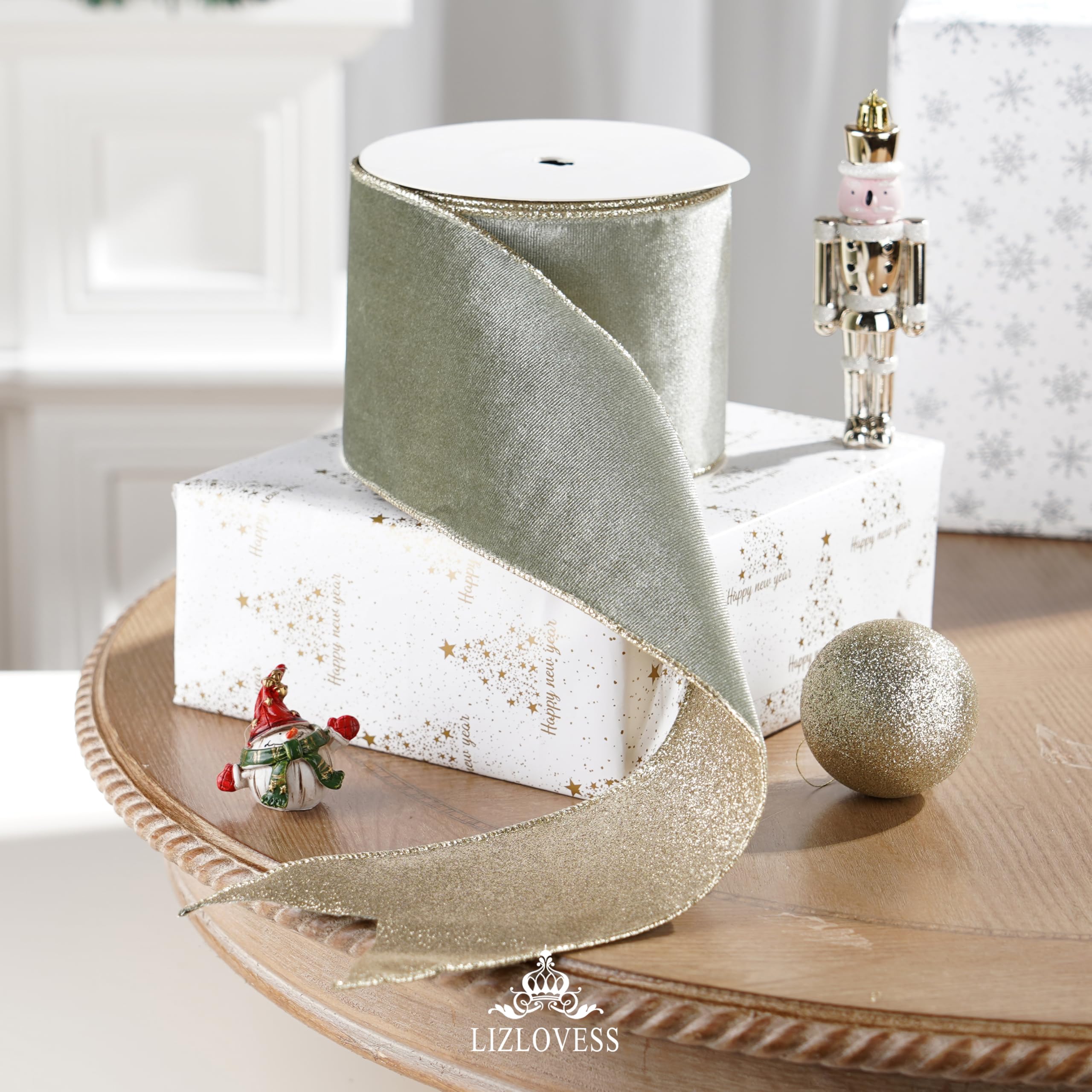 Samtband mit Glitzer-Rückseite, 10,2 cm, Grün und Gold, Weihnachtsband für Weihnachtsbaum, Geschenkverpackungen, Handwerk, Kränze, Topperschleifen (9,1 m)