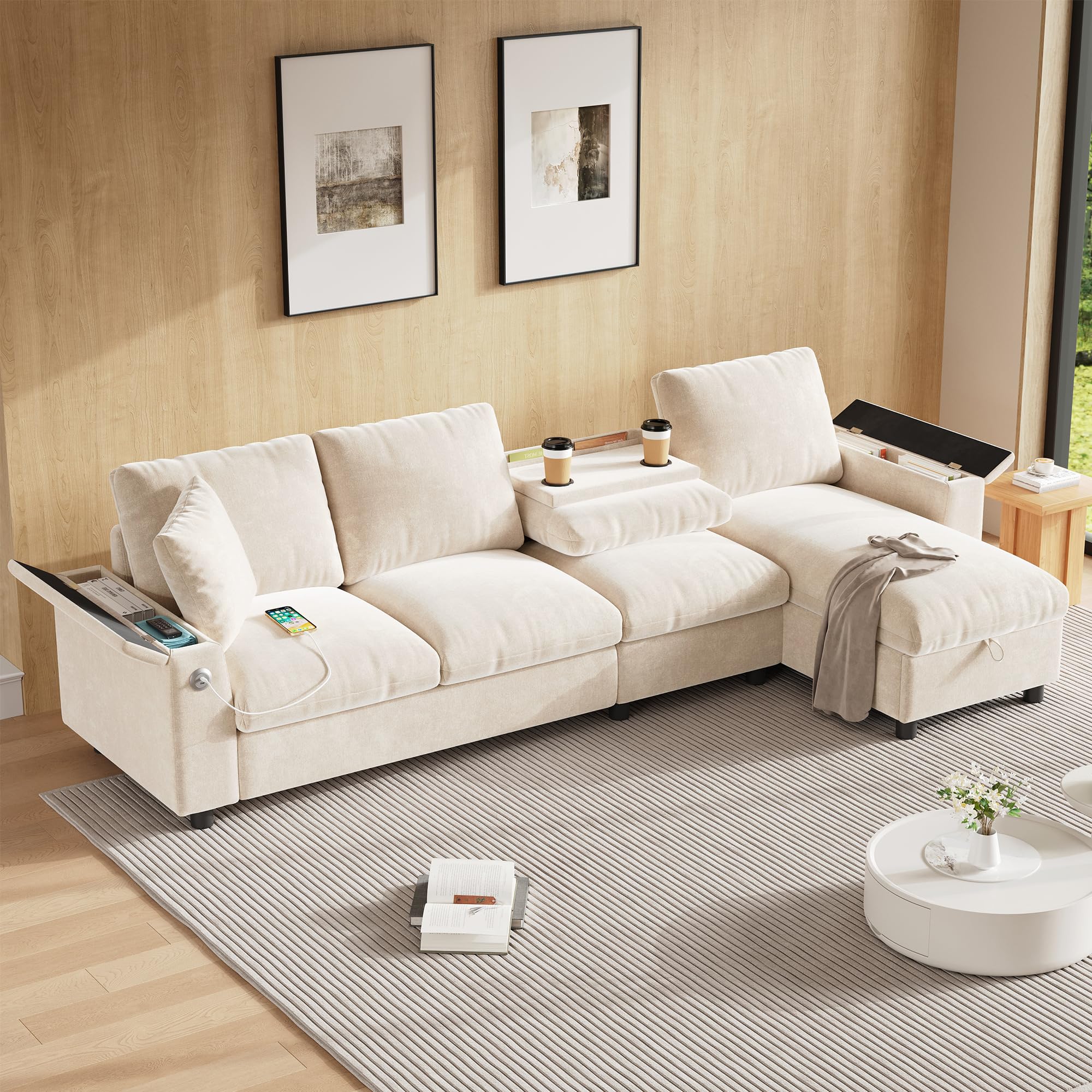 Sofa narożna w kształcie litery L, funkcja spania i wysuwana sofa, materiał szenilowy, miejsce do przechowywania + rozkładany stolik kawowy, złącze ładowania USB-C, regulacja w prawo/lewo