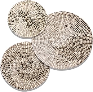 Handmade Hanging Woven Wall Basket Decor Set - 3 Artistic Round Seagrass Baskets for Bedroom, Kitchen, and Living Room - Multi-Purpose, Easy to Hang Natural Boho Basket Wall Decor and Storage