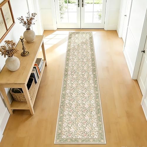 Washable 2x8 Floral Runner Rug with Non Slip Backing, Soft