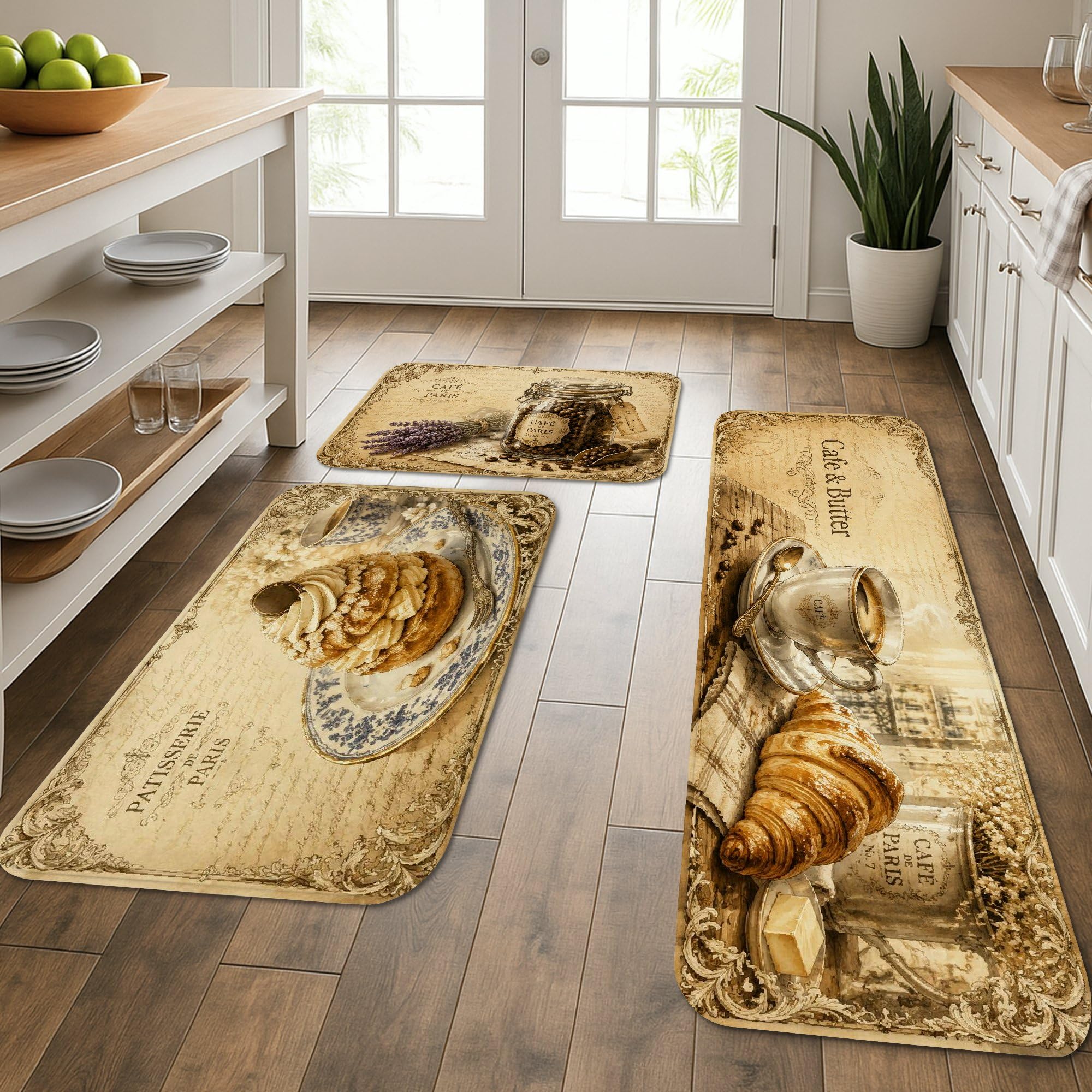Tapis de cuisine vintage rustique en lot de 3 doux pour l'évier et la buanderie