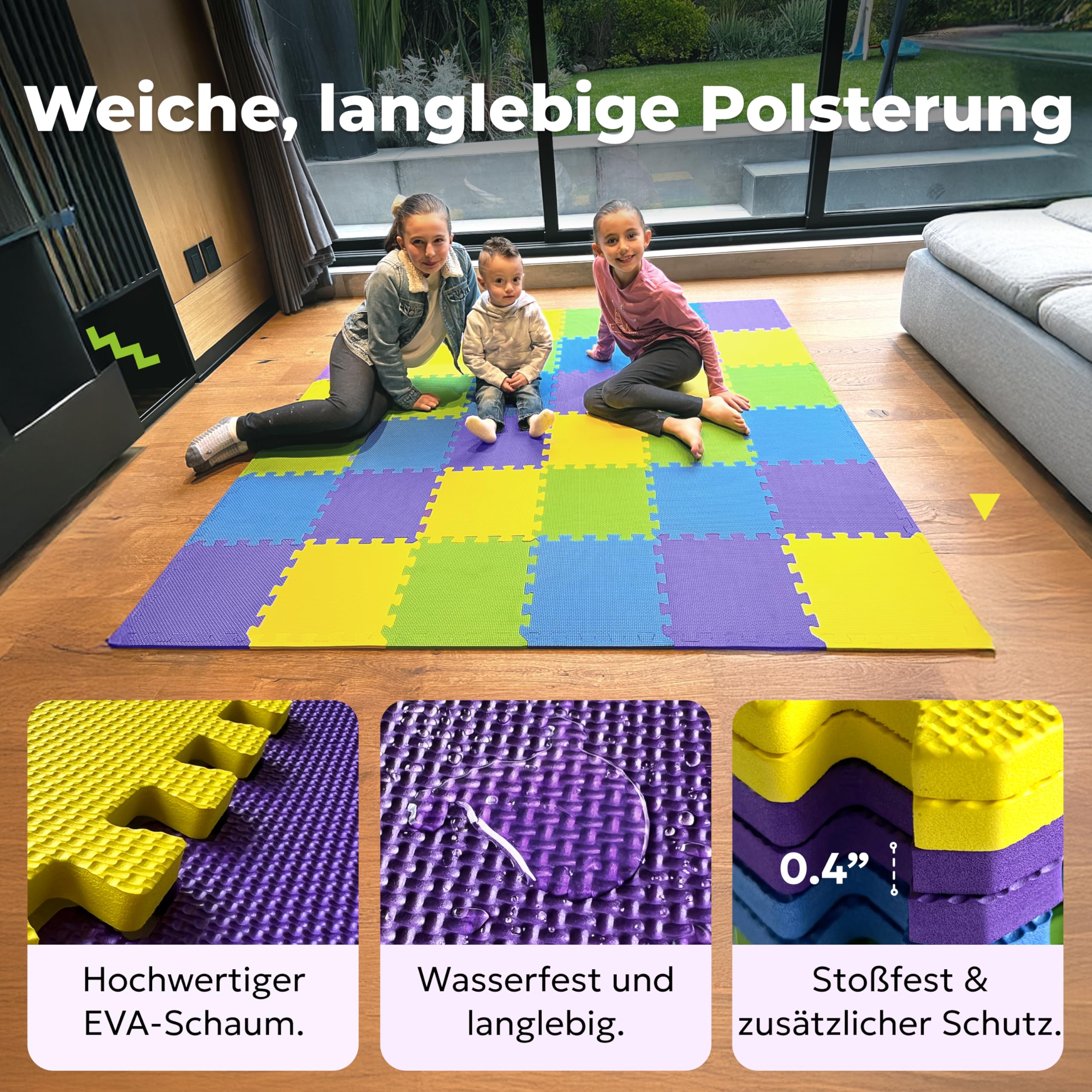 MioTetto Krabbelmatte Baby - Zertifiziert, Sicher, Robust - Spielmatte Baby, Puzzlematte, Kinderteppich - Stilvolle, Wasserfeste, Einfache Montage - Für Familien & Großeltern, 16/36 Fliesen