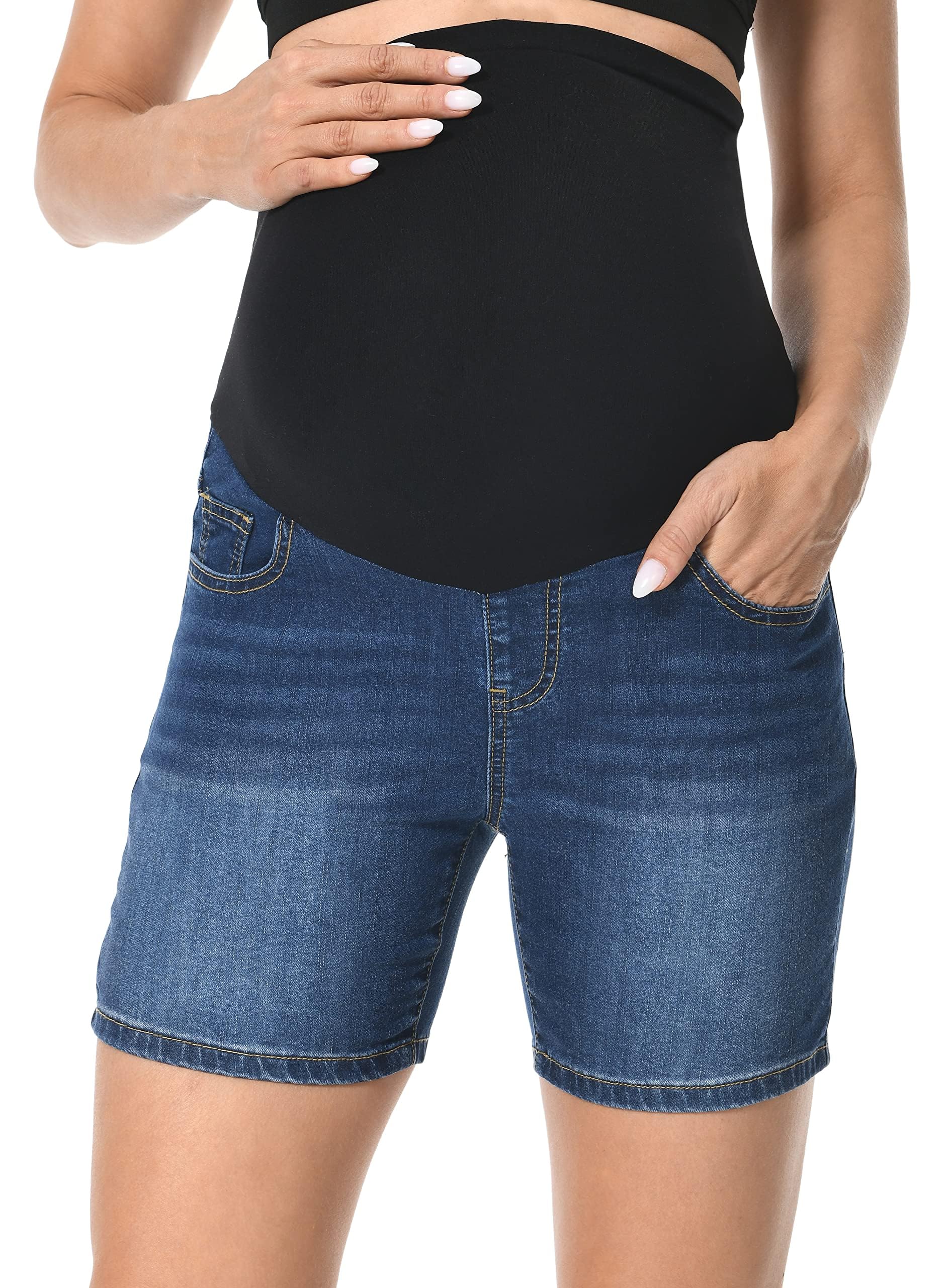 Vaqueros Cortos de Maternidad de Cintura Alta con Soporte Abdominal y Cinco Bolsillos para Verano y Uso Diario