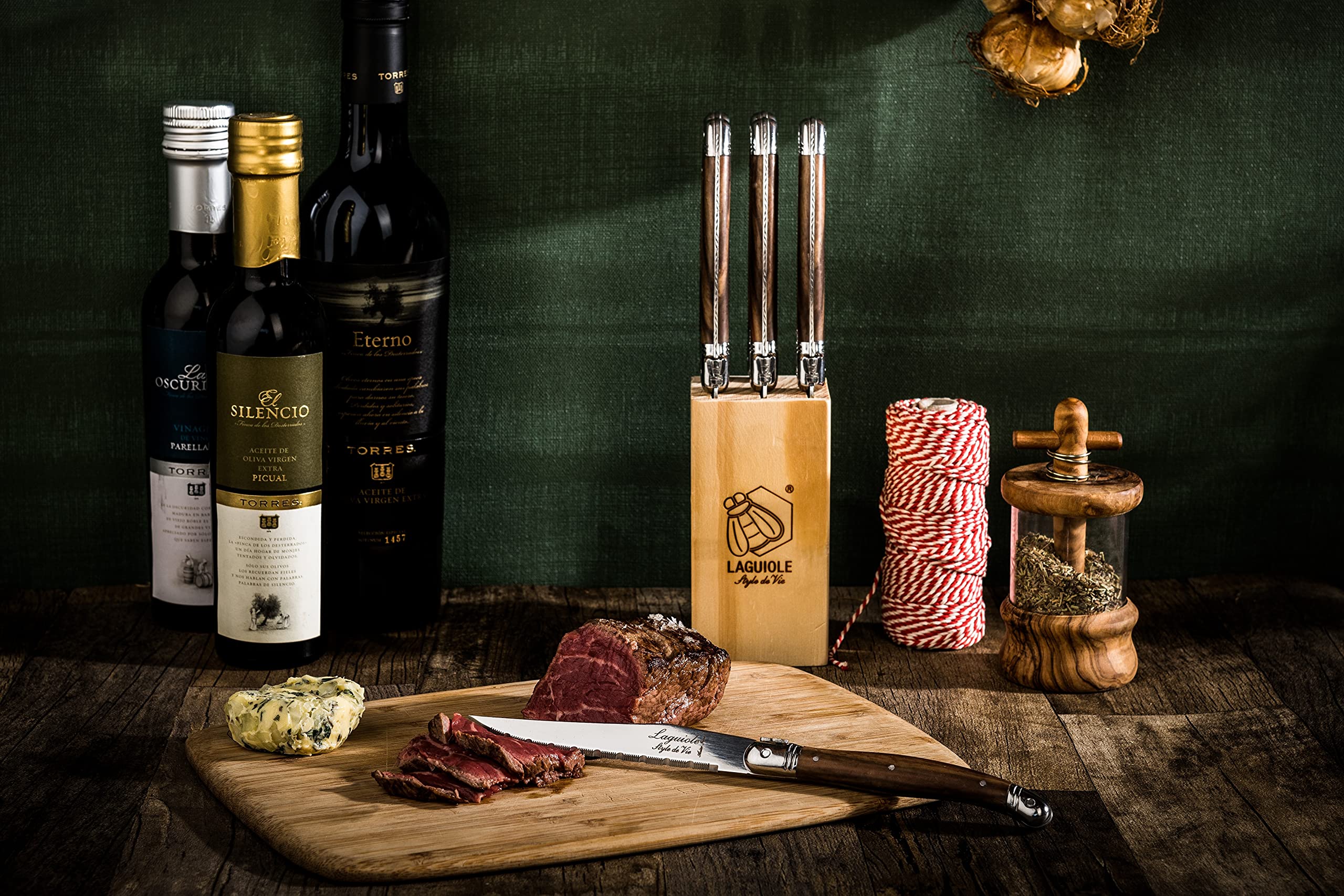 Laguiole Style de Vie Premium Line 6-częściowy zestaw noży do steków z ciemnego drewna, radełkowane, z drewnianym blokiem do przechowywania, nadaje się do różnych rodzajów mięsa i ryb