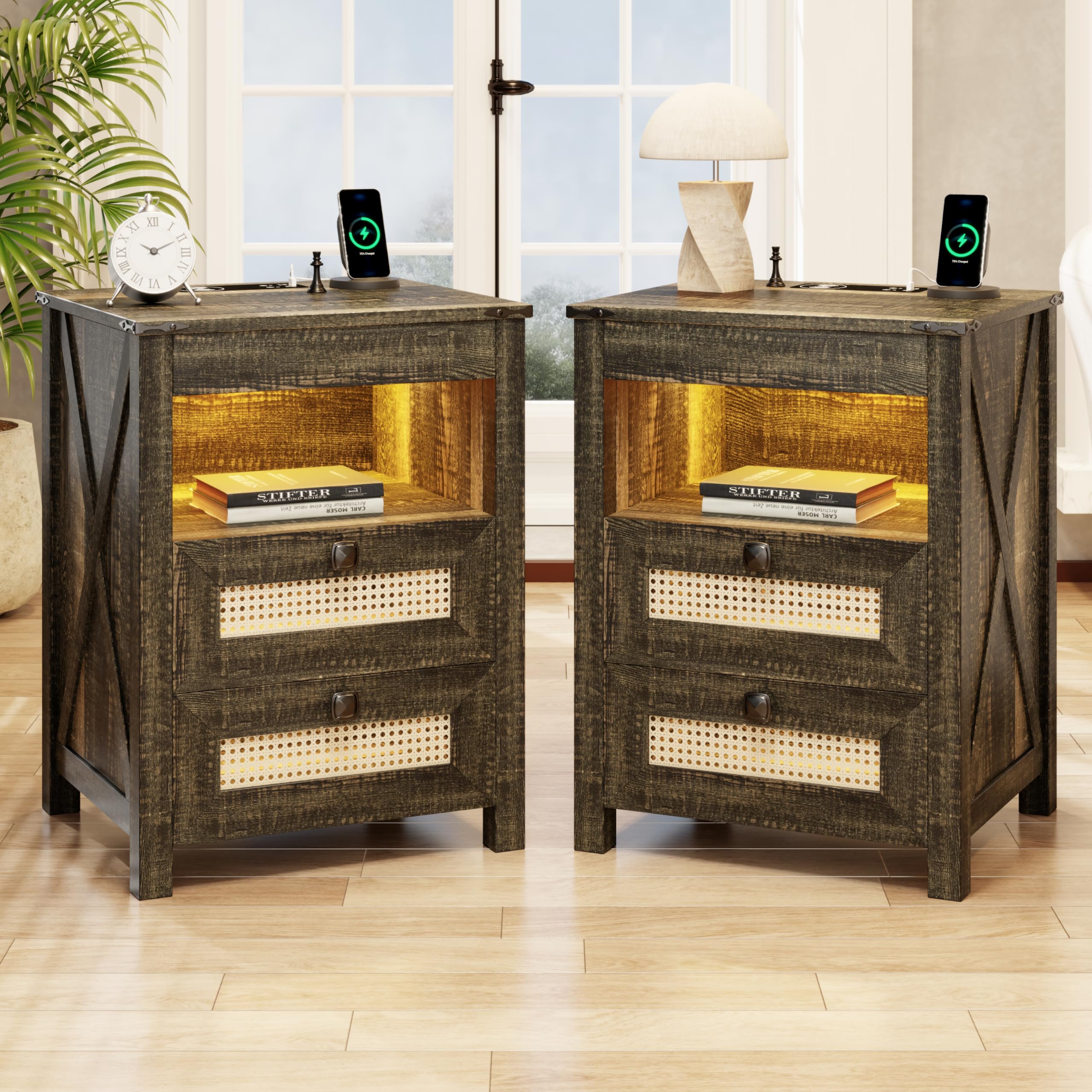 ACTKISS Night Stand Set 2 with Gun Drawer, Bedside Table with Charging Station, LED Nightstand with Human Sensor Light, Farmhouse End Table for