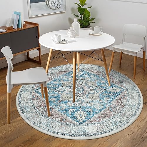 Miniatura 5 de Moespace Alfombra redonda lavable de 5 x 5 pies, estilo bohemio, vintage, para sala de estar, antideslizante, retro, con estampado circular,