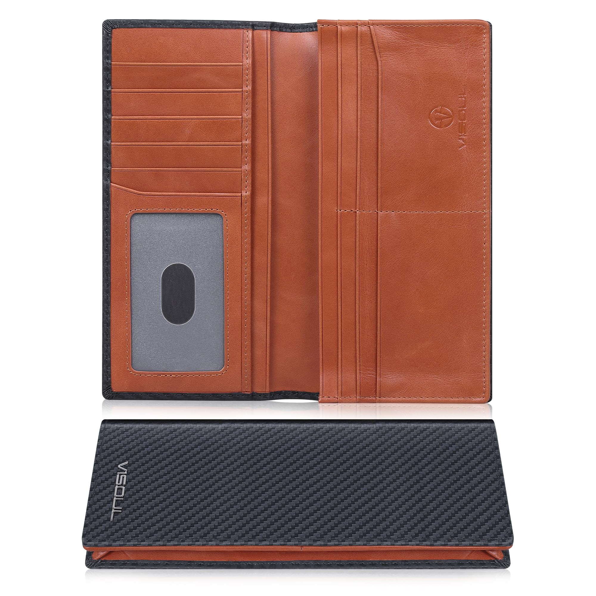 VISOULLeather Checkbook Cover Wallet for Men with RFID Blocking, Mens Long Bifold Cash Tall Wallet with 11 Credit Card Slots 1 ID Window, Black+Orange, one size, Long Mens Wallet