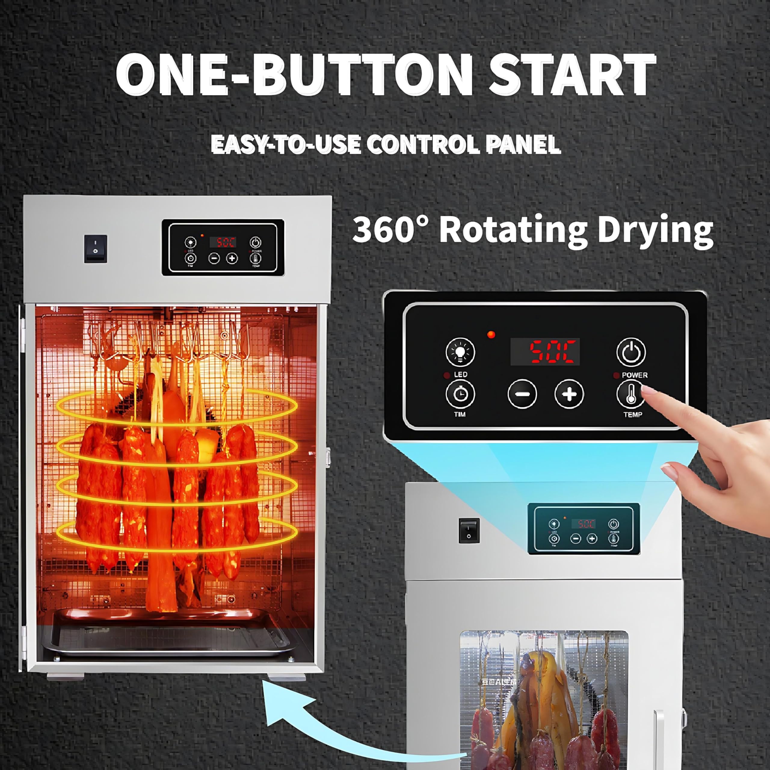 Caja de secado Biltong de acero inoxidable, deshidratador de alimentos y armario de secado de 800 W, deshidratador de alimentos grande con 14 ganchos para colgar, control inteligente LED para secar