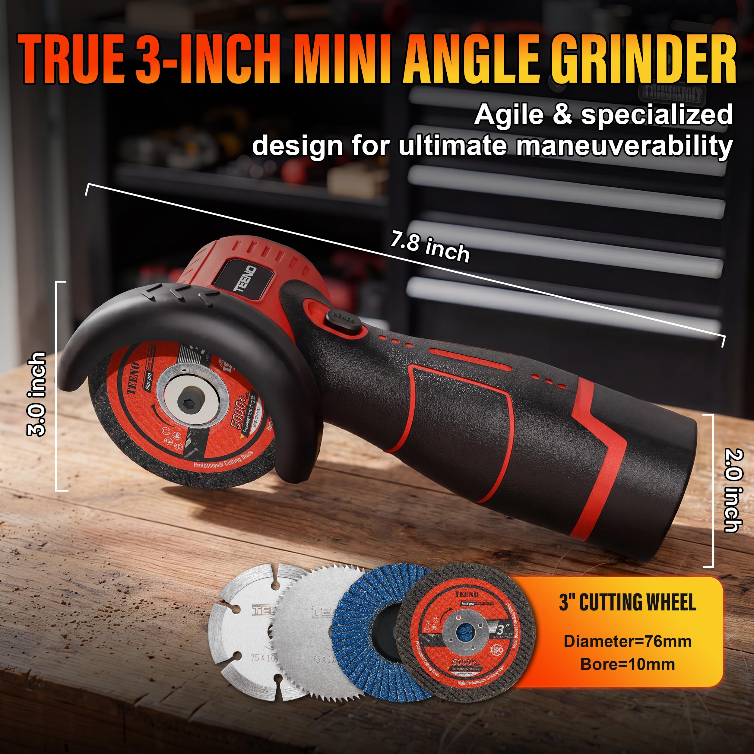 TEENO Meuleuse d'Angle Sans Fil Brushless 16,8V 76mm 19500 tr/min | Moteur 800W, Écran LED, 2 Batteries 2000mAh, 6 Disques & Coffret. Couper, Poncer, Polir métal, bois, carrelage.