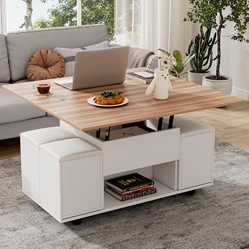 ModernLuxe Lift Top Coffee Table with Storage, Height Adjustable Lift Up Centre Table with Hidden Compartment and Open Shelves for Living Room, Home Office and Reception Room, White&Wood