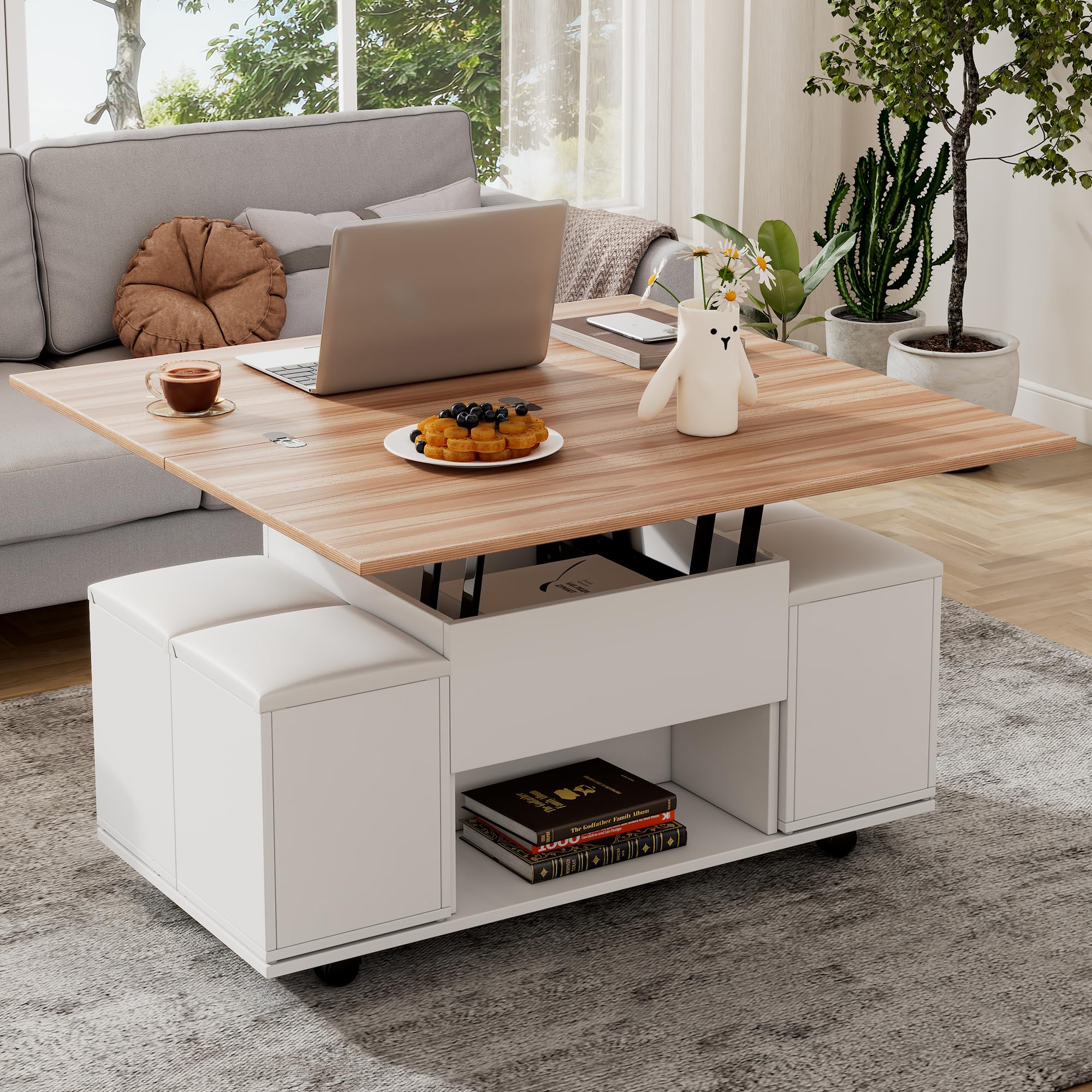 ModernLuxe Lift Top Coffee Table with Storage, Height Adjustable Lift Up Centre Table with Hidden Compartment and Open Shelves for Living Room, Home Office and Reception Room, White&Wood