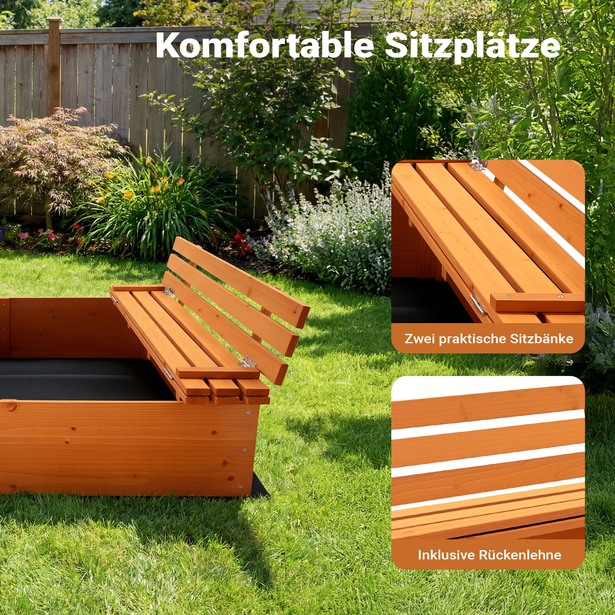 Sandkasten mit Deckel 2 Sitzbänke 98 x 98 x 21 cm, Sandkiste aus Holz mit klappbaren Bänken, Sandkasten mit Abdeckung, Sandbox mit Vliesboden