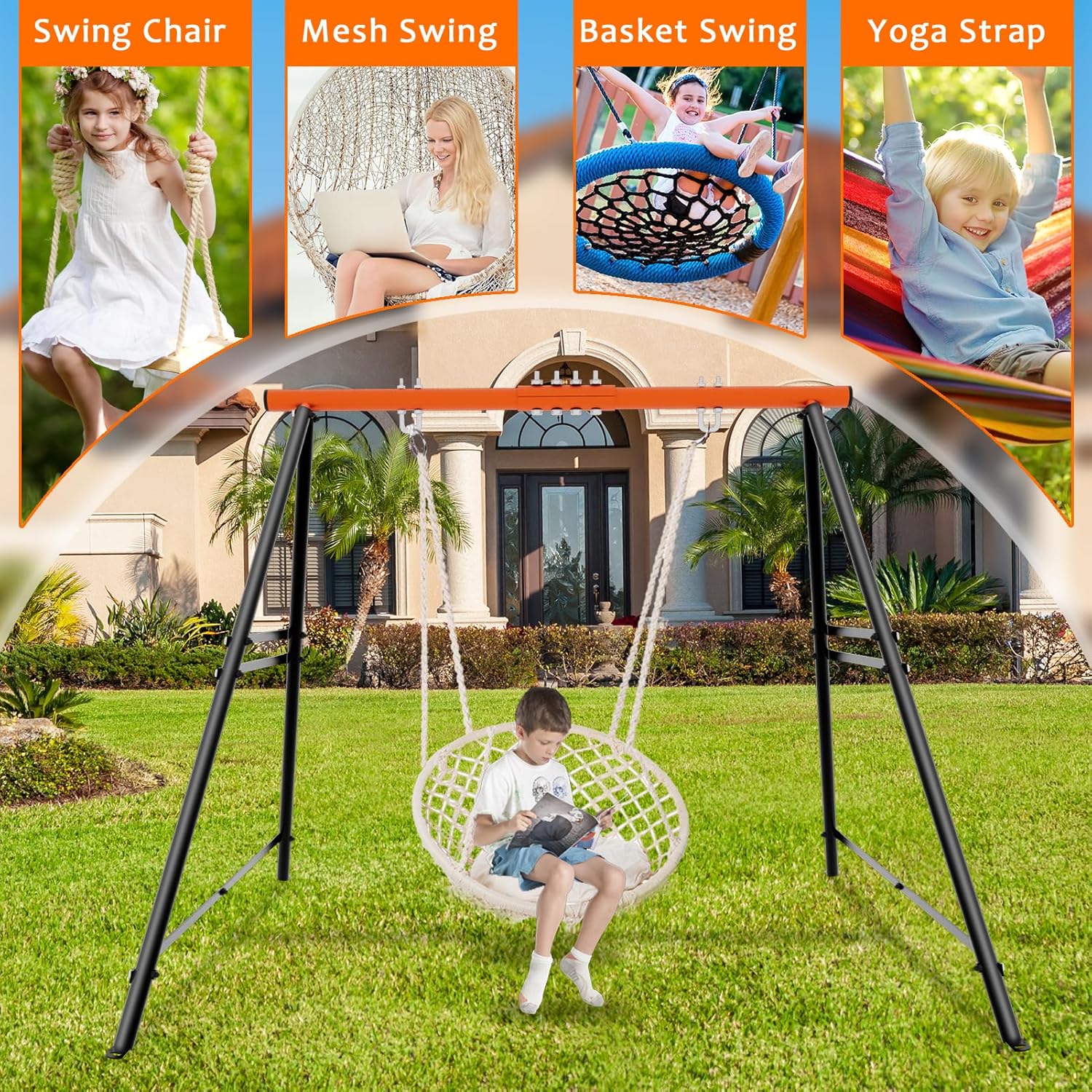 Swing Stand Frame, 550lbs Weight Capacity Swing Stand, Heavy Duty A-Frame Swing, Single Swing Frame for Yoga Hammock Saucer Baby Porch Swing(Swing NOT Included),Orange