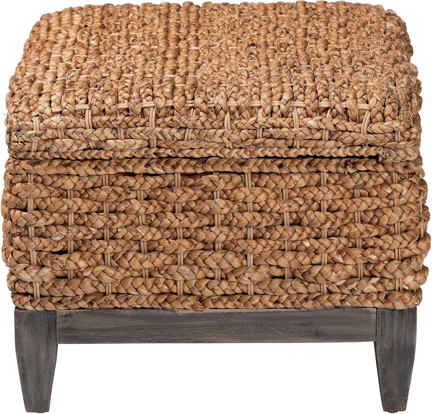 bali & pari Bailey Handwoven Water Hyacinth Storage Ottoman with Lift-Top Lid – Rustic Wicker Trunk or Footrest with Inner Compartment for Living Room or Entryway, Square