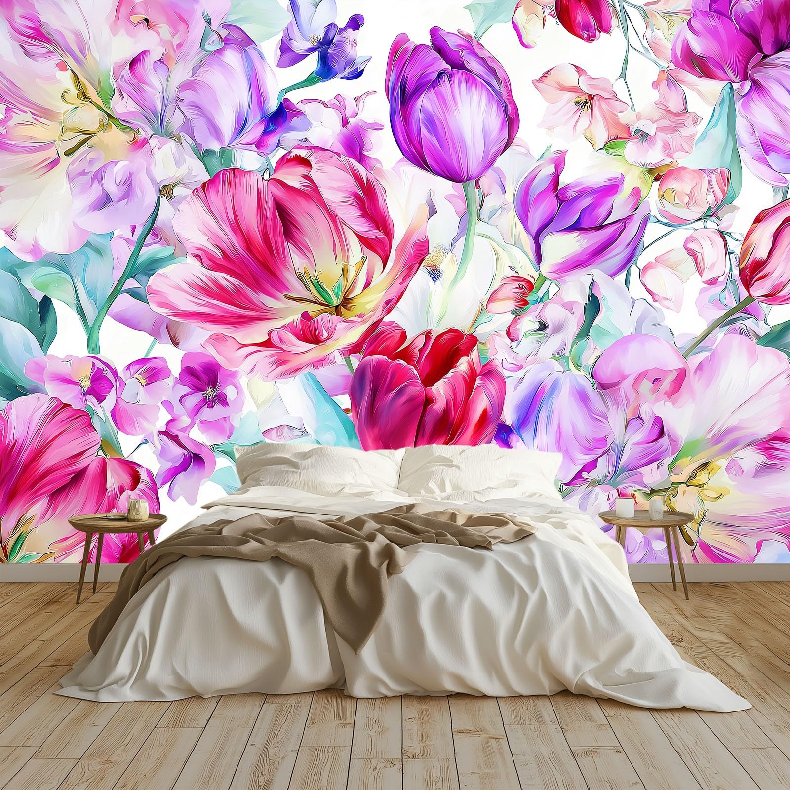 Biała tapeta ręcznie rysowana akwarela kwiatowy tulipan, włóknina 400 x 280 cm na ściany salon kuchnia sypialnia dzieci plakaty fotograficzne dekoracja ścienna