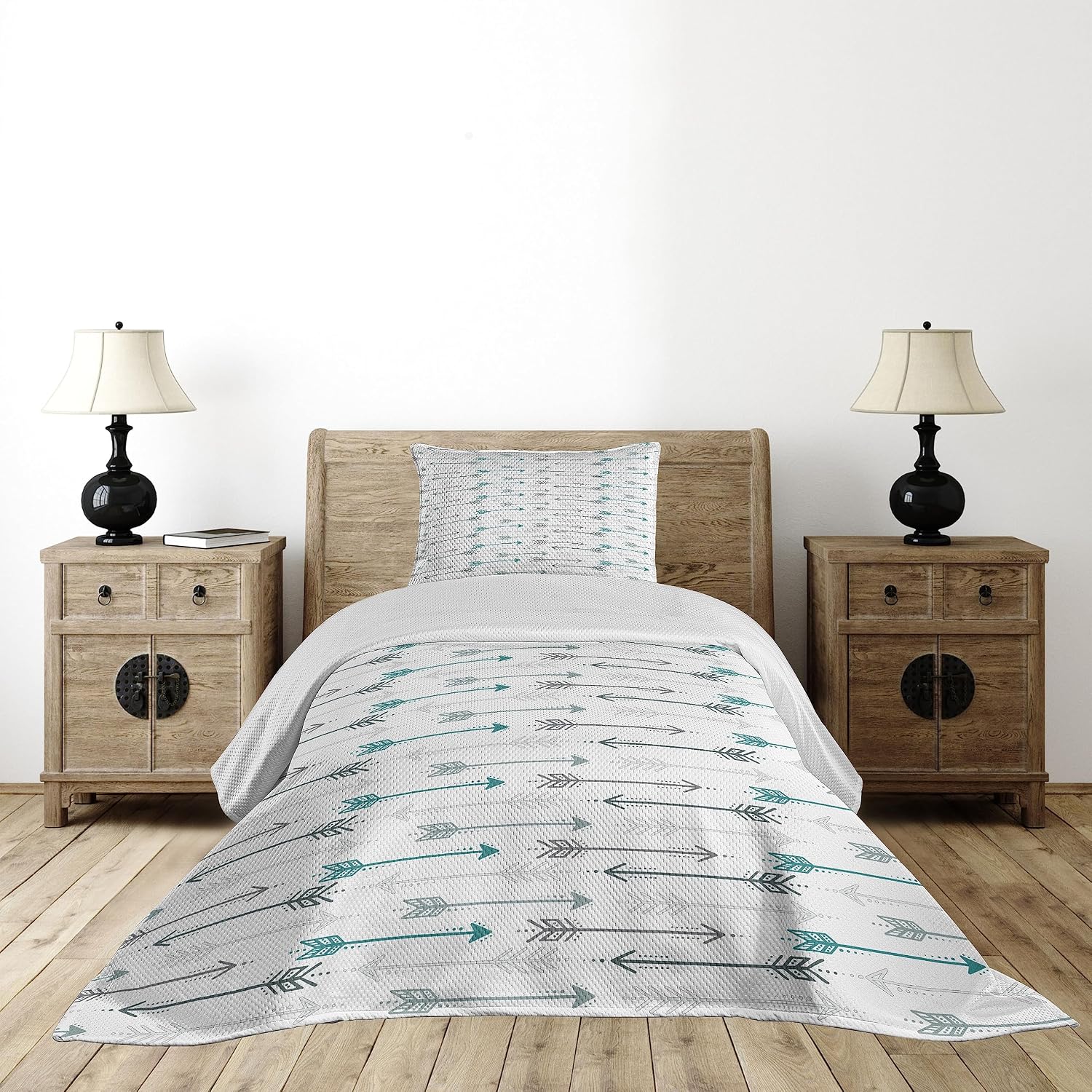 Ambesonne Teal Coverlet, Retro Arrow Pattern in Horizontal Line Heading to Opposite Directions Art Print, 2 Piece Decorative Quilted Bedspread Set with 1 Pillow Sham, Twin Size, Grey Teal White