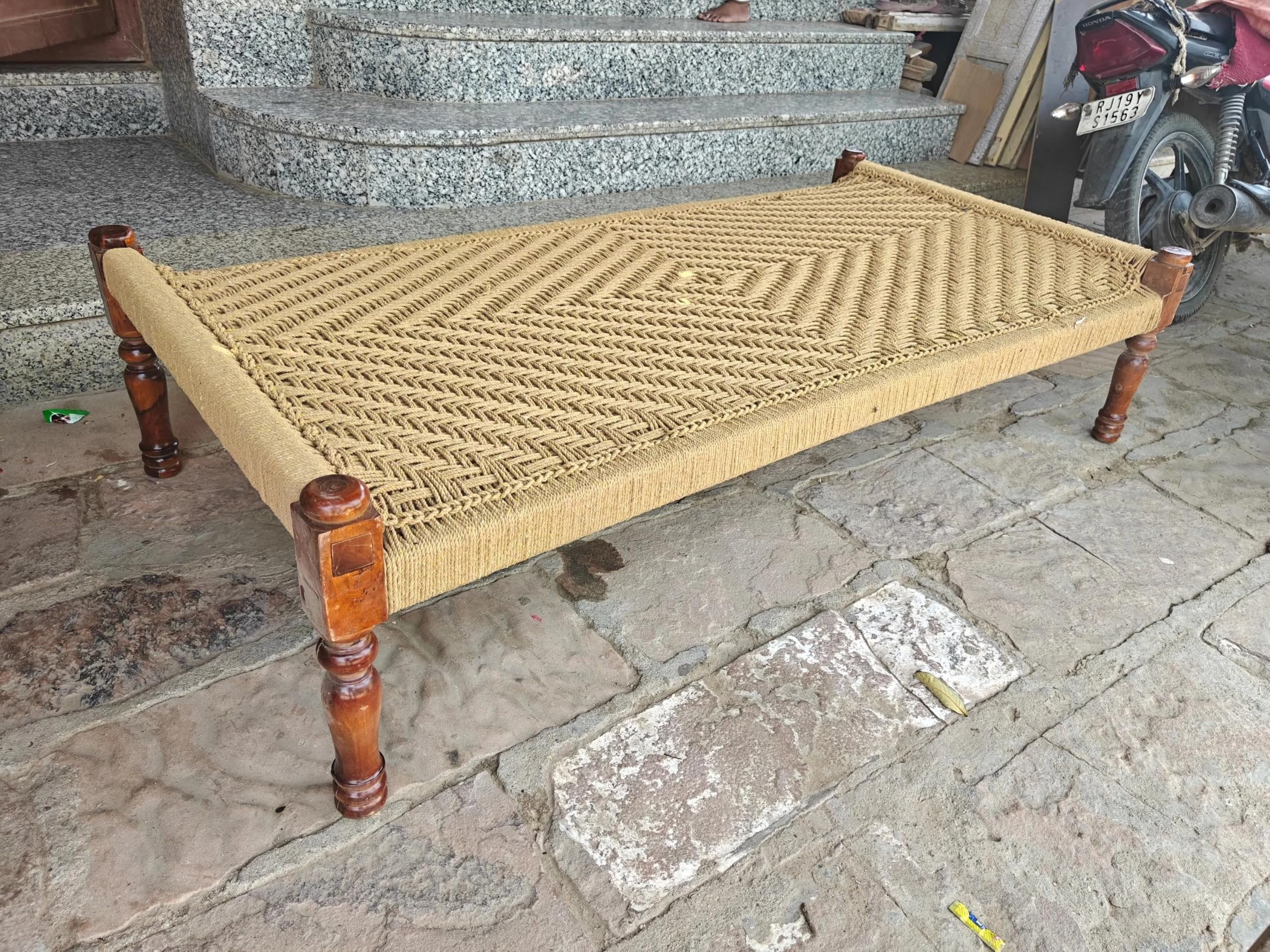 handmade wooden charpai bed | traditional indian woven cot with solid wood frame | handwoven cotton rope daybed for living room, bedroom (brown) (honey, d: 36" × w: 72" × h: 18" cm)