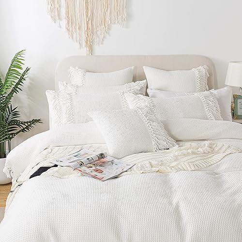 Miniatura 8 de FADFAY Juego de funda de edredón de algodón bohemio, tamaño King, tejido de gofre, color blanco coco, con borlas, reversible, de algodón lavado,