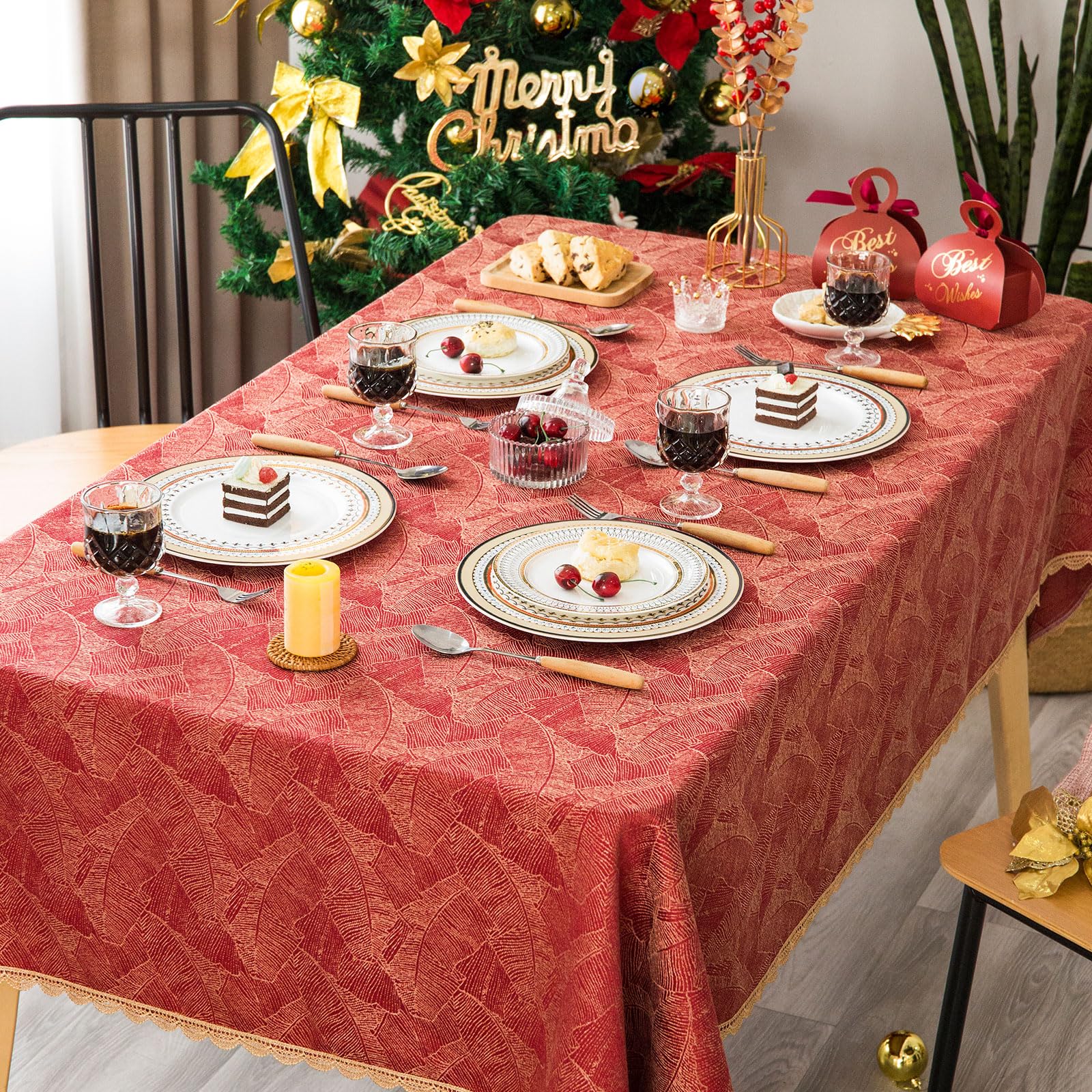 GLORY SEASON Festivel Tablecloth Classic Red and Golden Jacquard Fabric Table Cover Farmhouse Decoration 55x86 Inches Rectangle/Oblong for Party/