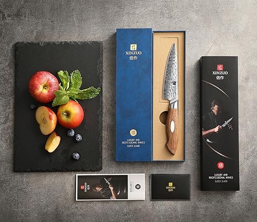 Miniatura 9 de XINZUO AUS-10 Cuchillo utilitario japonés de acero de 5 pulgadas, cuchillo de pelar de acero de Damasco con superficie martillada, cuchillo de