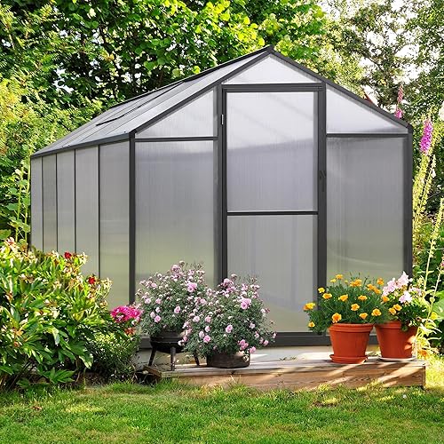 MUPATER 6x10 FT Outdoor Greenhouse Kit , Polycarbonate Walk-in Aluminum Frame Green House with Lockable Door & Adjustable Roof Vent, Backyard, Patio, Garden, Gray