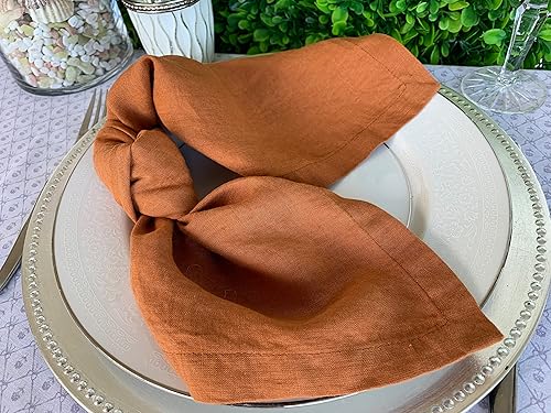 Miniatura 9 de Servilletas de lino  100% lino francés  Servilletas de tela de lino puro lavado a la piedra  Esquinas en inglete  Juego de 4 (naranja tostado)